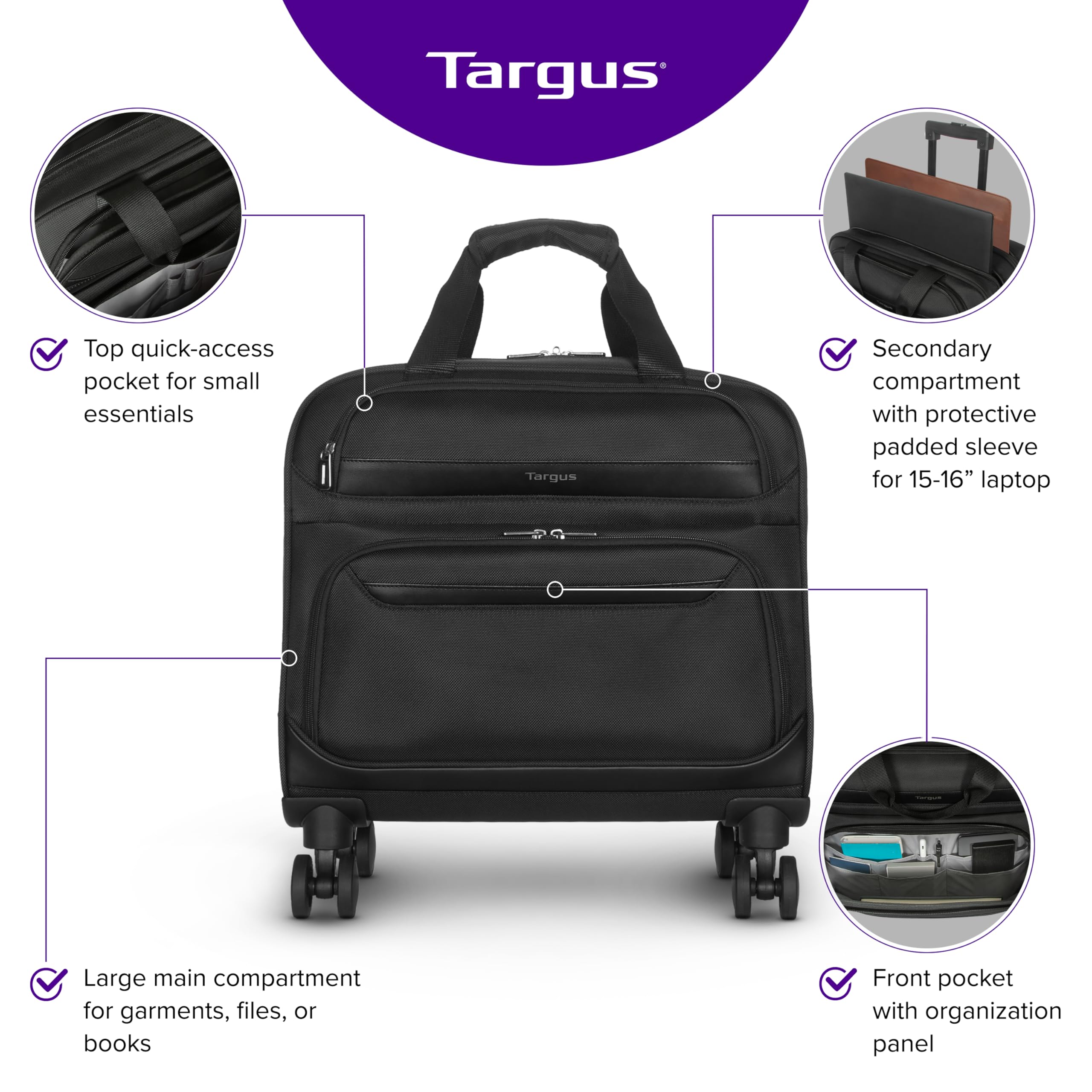 Targus 16” Transit 4-Wheel Rolling Laptop Bag, Lightweight Multi-Compartment Carry-On Rolling Briefcase for Women Men, Laptop Bag on Wheels, Telescopic Handle, Smooth-Gliding Wheels, Black (TBR044GL)