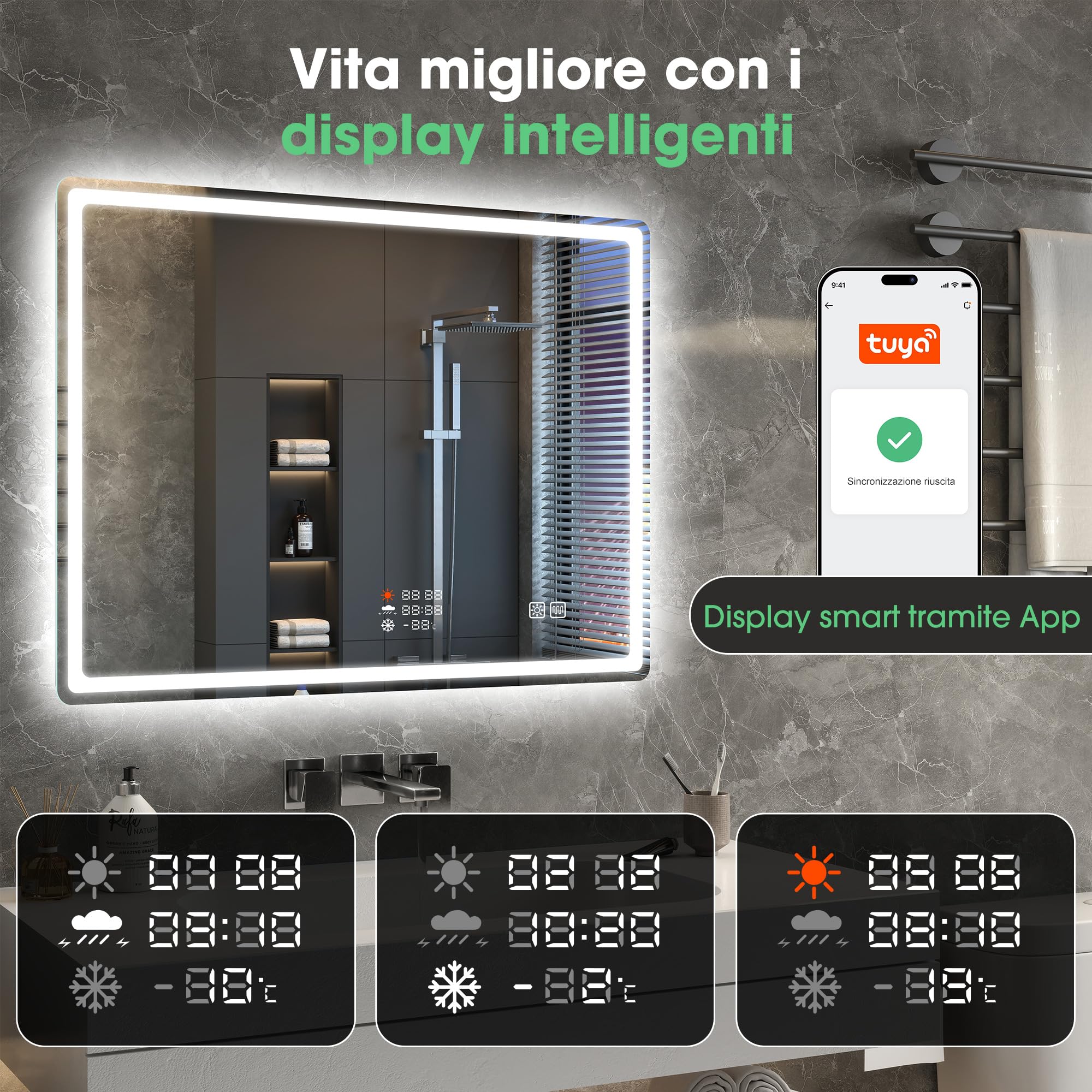 S'bagno 120x70cm Specchio Bagno con Luce，Meteo/Data/Ora/Temperatura Display