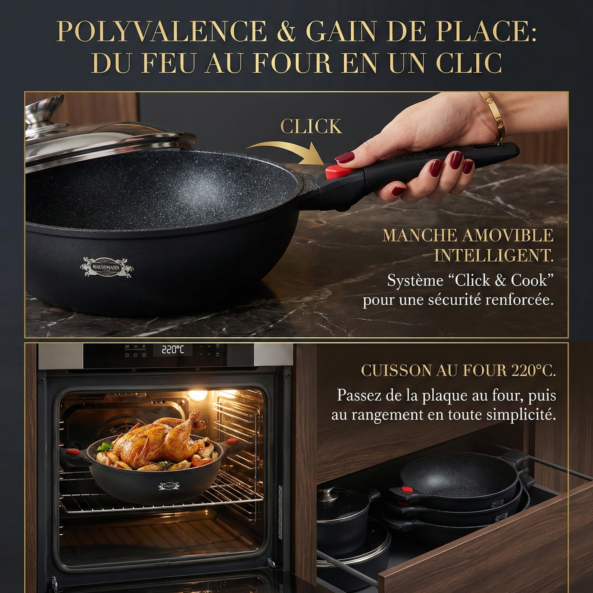 HAUSSMANN heritage - Wok/Sauteuse 32cm 6.4L avec Couvercle - Fonte d'Aluminium - Revêtement Antiadhésif 5 Couches (Sans PFOA) - Poignée Amovible - Tous Feux Induction, Four & Lave-vaisselle
