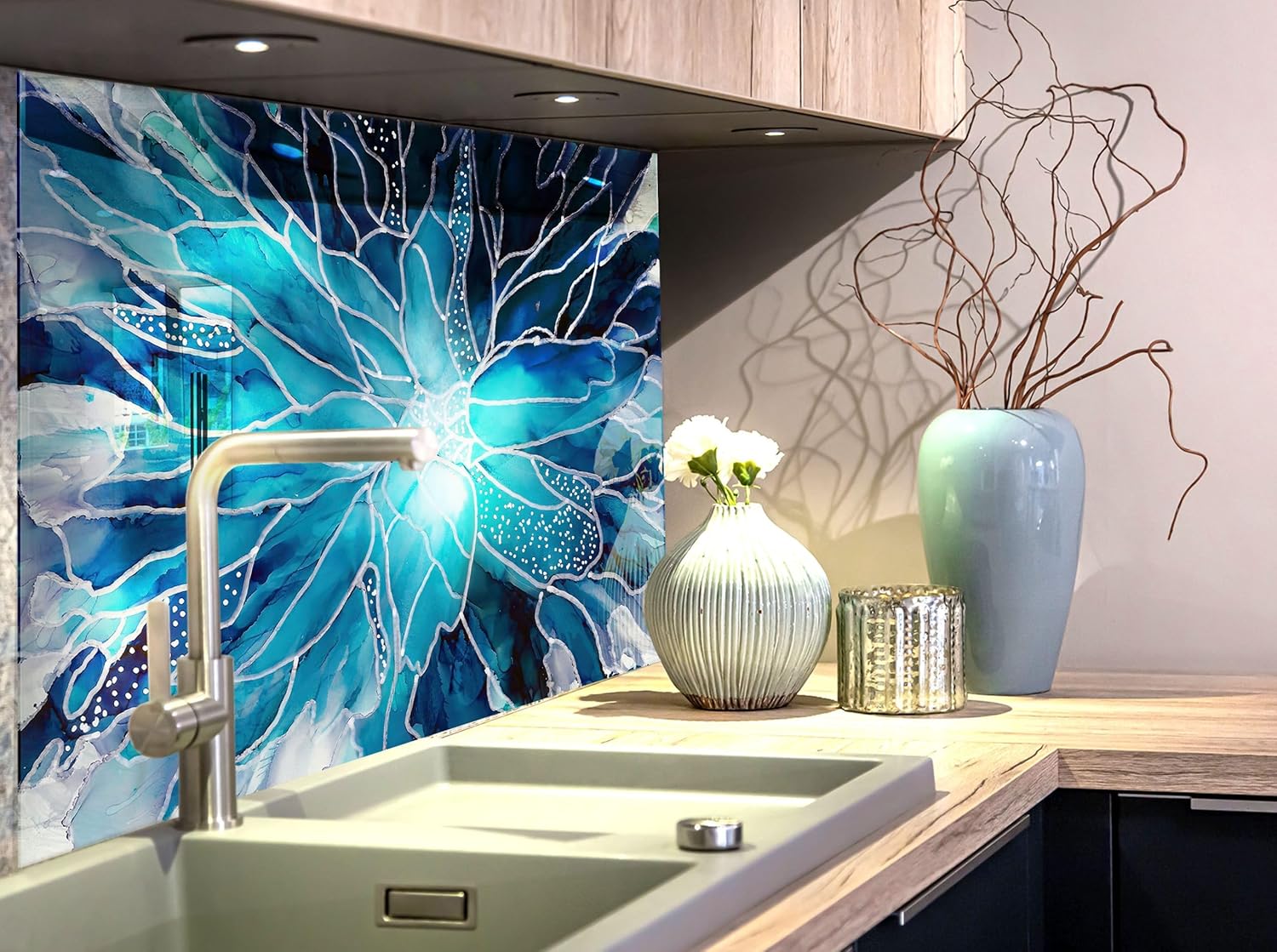 Myphotostation.com 35.4Wx14H'' Tempered Glass Backsplash Design Cooker Wall Backsplash Panel Glass Splashback for Kitchen Panel Design Blue Mosaic Tile Stained Splashback
