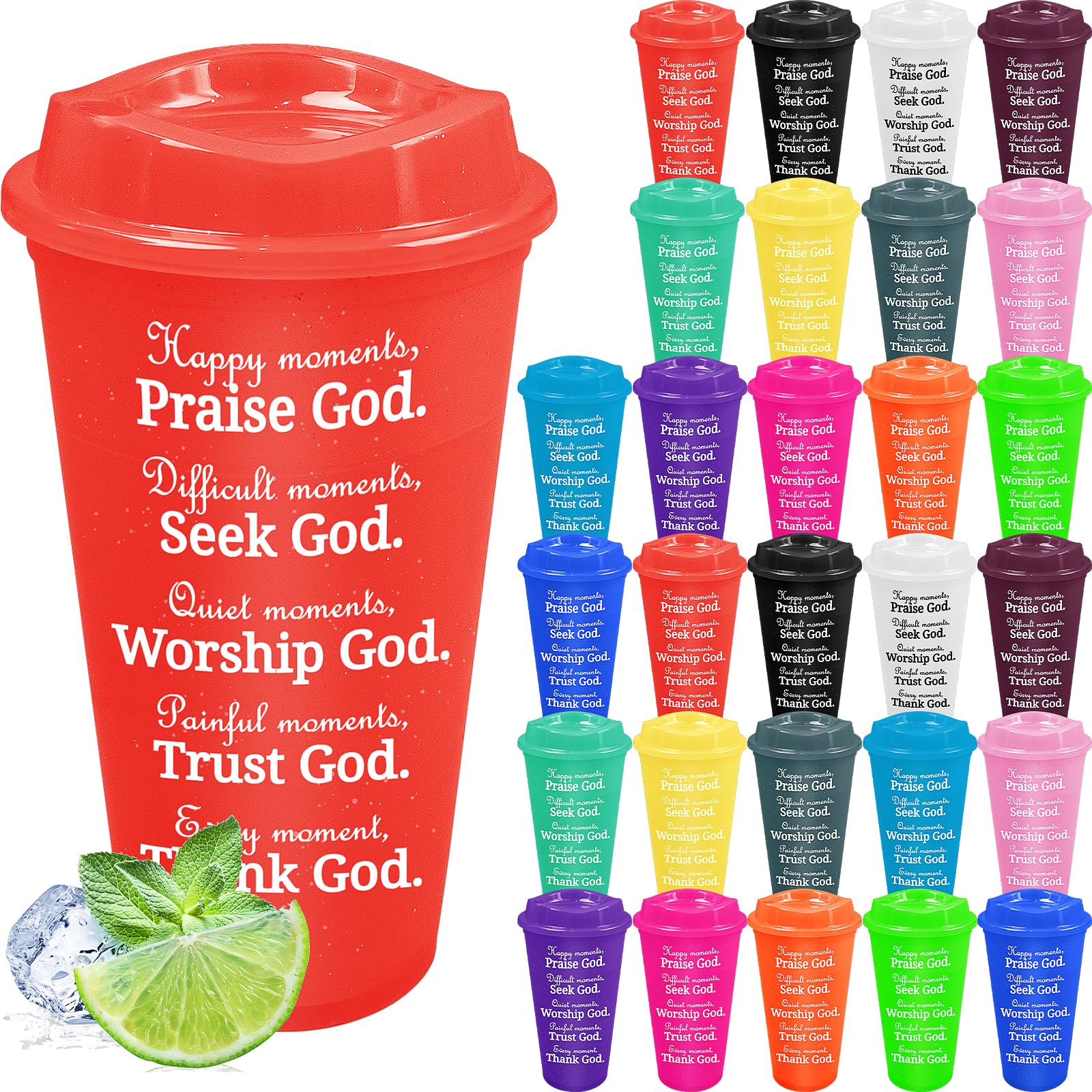 Malloom Lot de 28 tasses à café chrétiennes en plastique avec couvercles, 473,6 g, verset de la Bible, réutilisables – Cadeaux inspirants chrétiens pour femme, amie, collègue, anniversaire, Noël