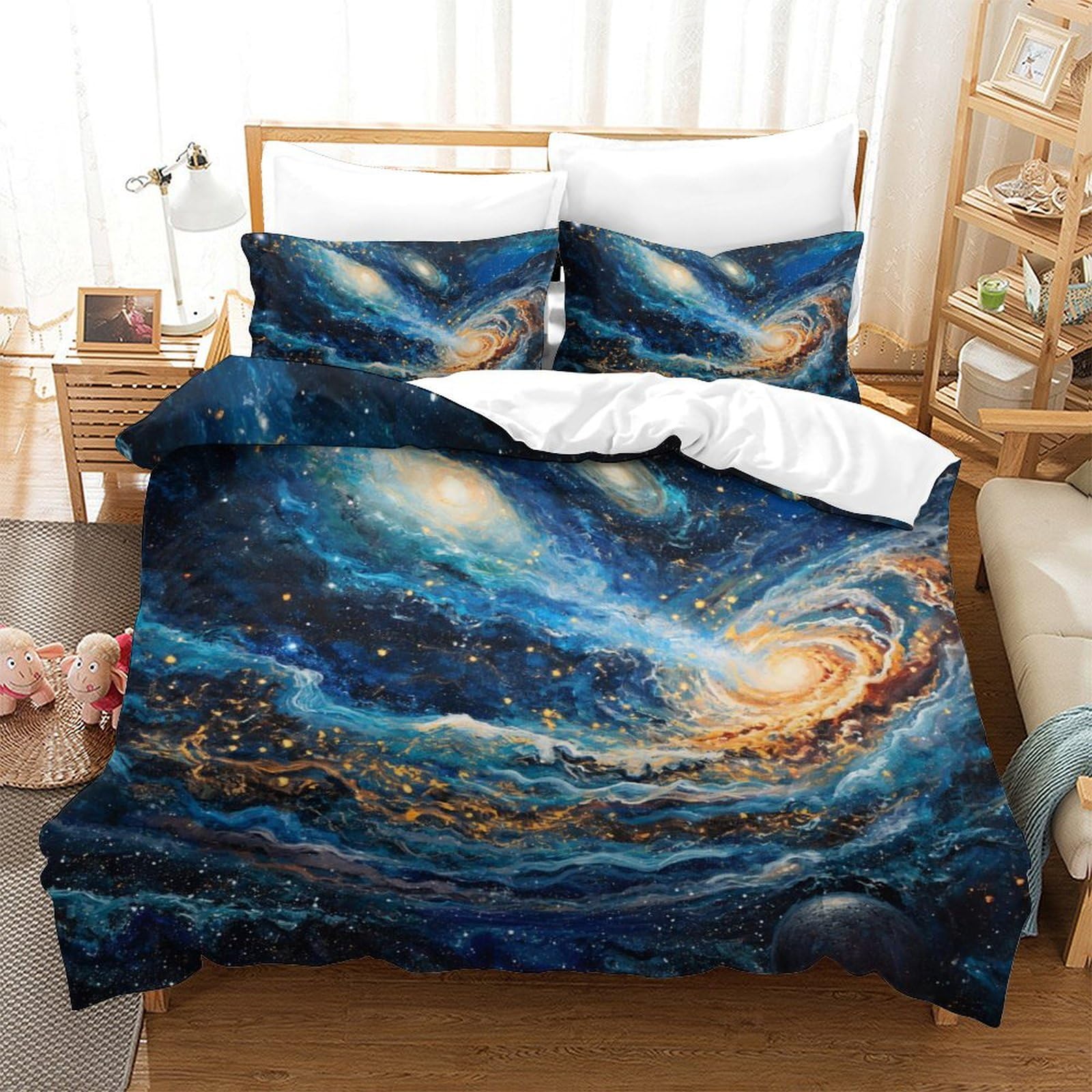 Housse de couette galaxie microfibre respirante anti-plis parure de lit double ultra douce