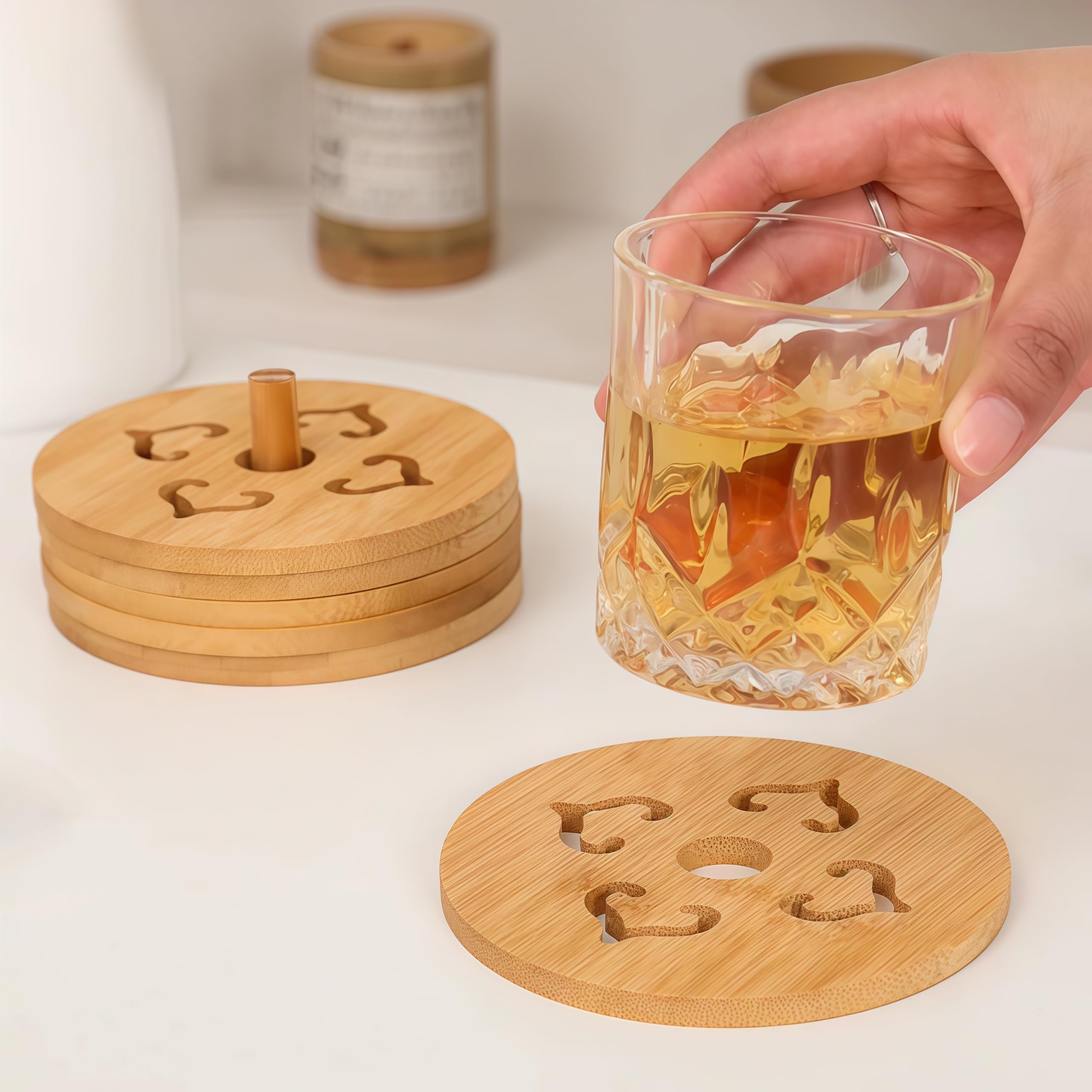 Alihoo Sottobicchieri In Bambù Con Supporto – Set Da 8 Pezzi – 12 Cm Di Diametro – Lavabili E Naturali – Perfetti Per Tazze, Bicchieri E Bevande Calde/Fredde