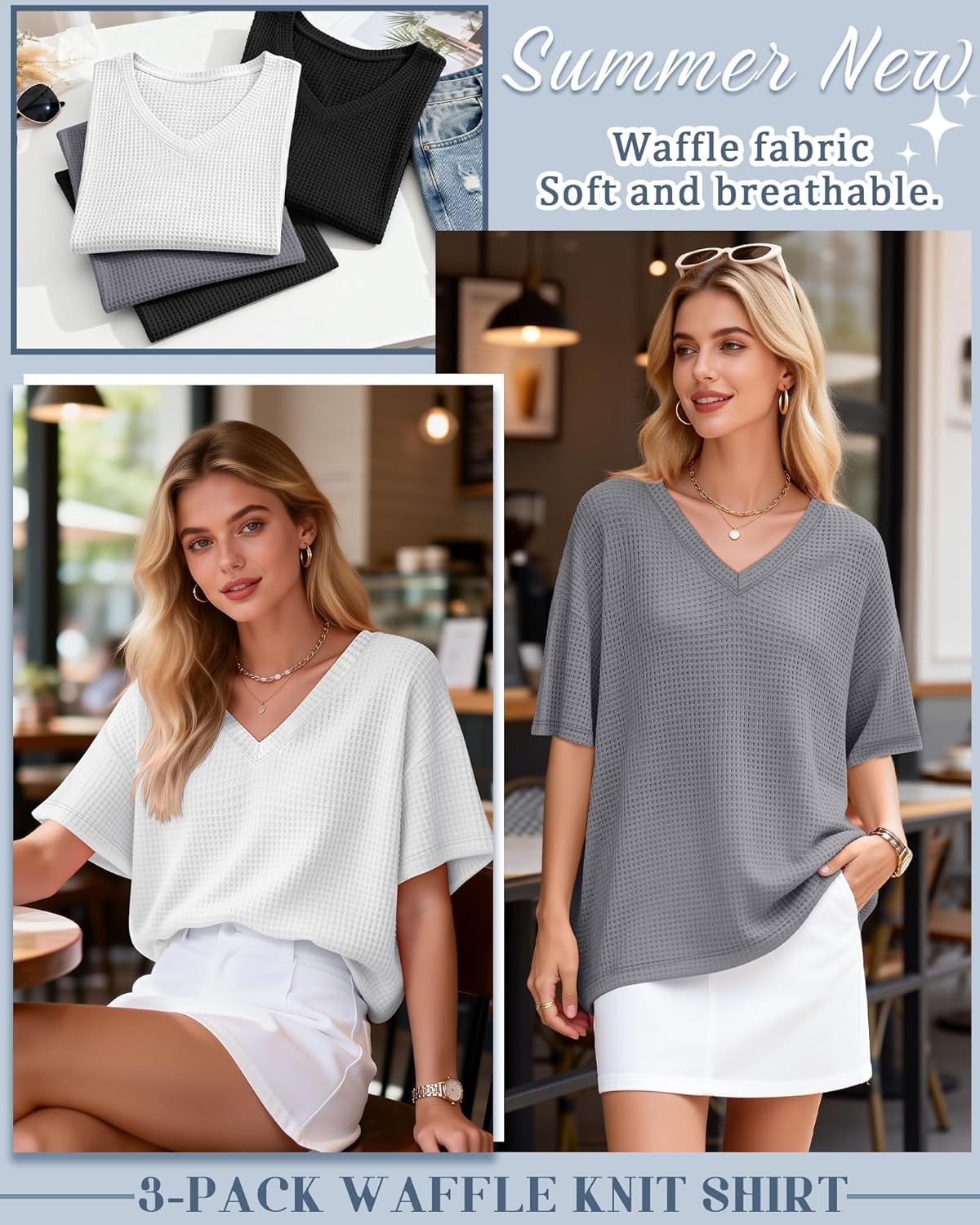 3 Pack Women Oversized T Shirts Waffle V Neck Half Sleeve Loose Fit Tees Summer Lounging Baggy Tops for Home - Image 3