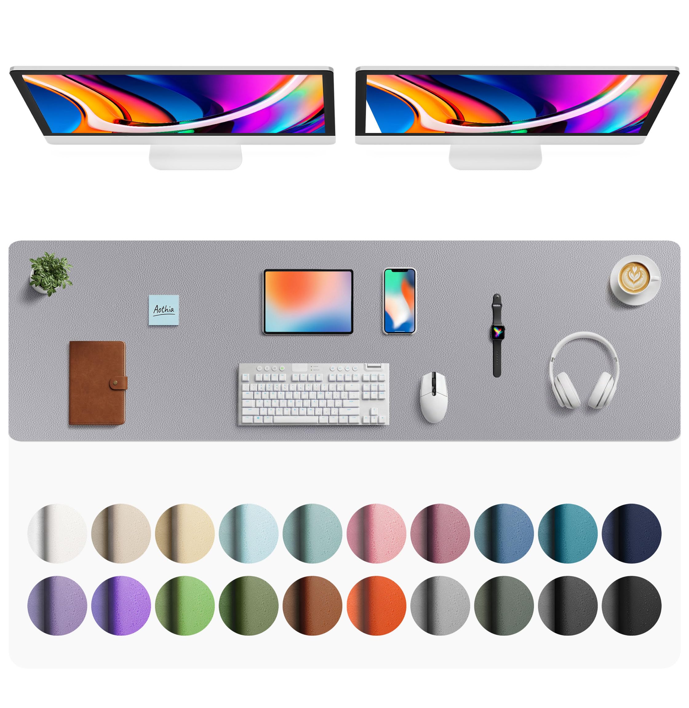 Aothia Faux Leather Desk Mat - Large Mouse Pad, Non-Slip PU Leather Blotter, Waterproof Writing Surface for Office and Home (Light Grey, 63" x 17")