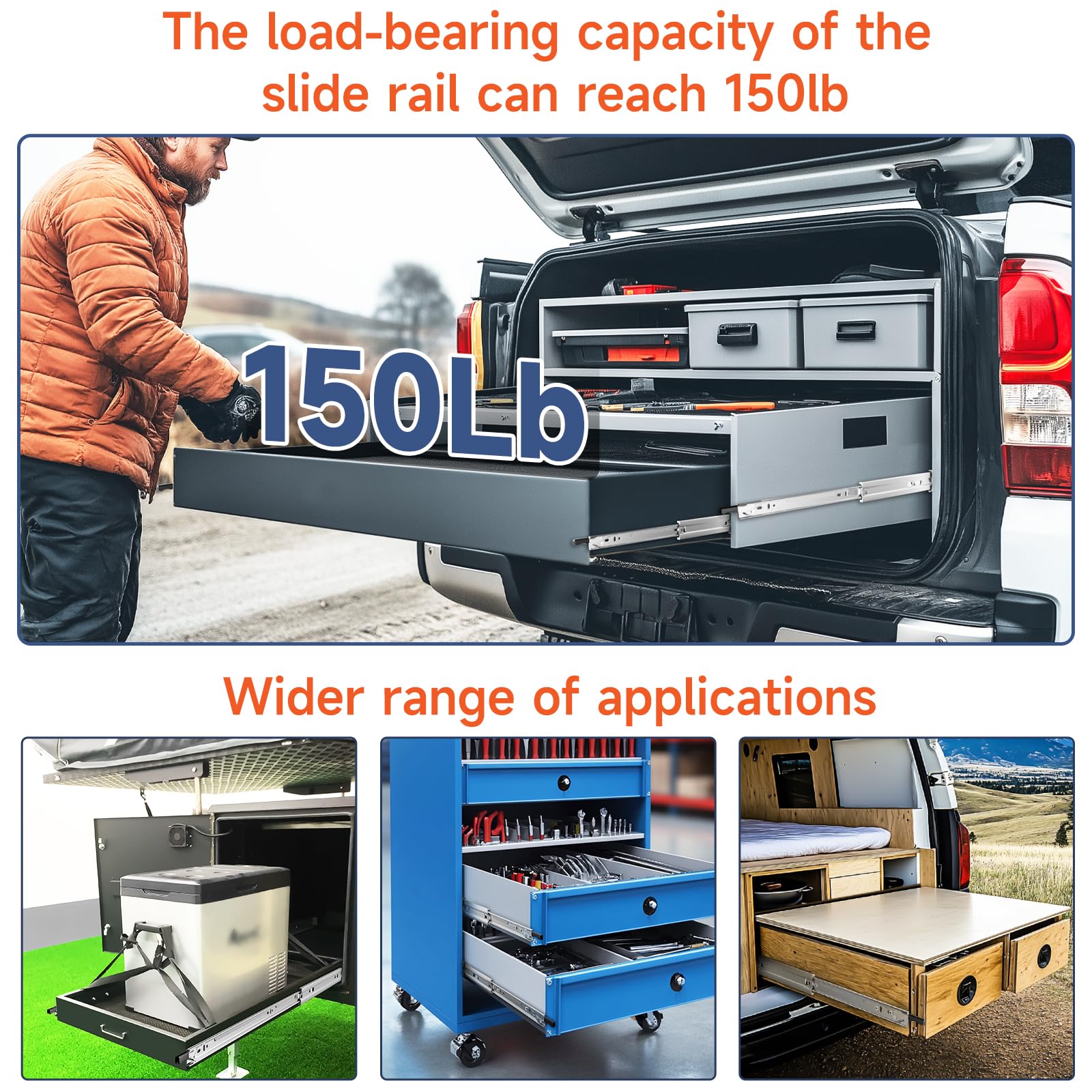 ToBeGreat Schwerlastauszug mit Verriegelung 600mm, Schubladenschienen 51mm Breite mit Vollauszug 68 kg Tragkraft, Heavy Duty Auszugsschienen für Werkzeugschrank, Werkbank & Industrie