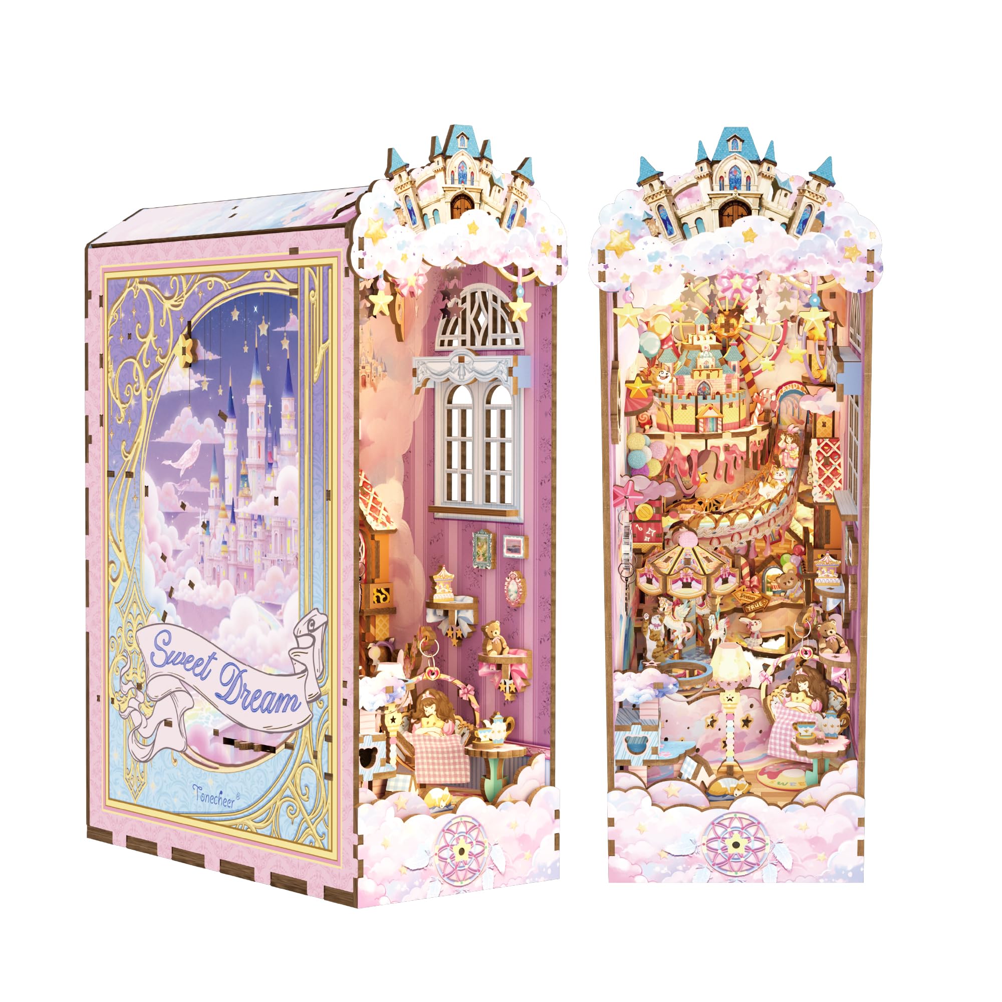 Tonecheer Book Nook Kit 3D drewniane puzzle Booknooks DIY zestaw modelarski dla dorosłych do budowy, miniaturowy regał na książki, Nook Book ze światłem, zabawny prezent urodzinowy (słodki sen)