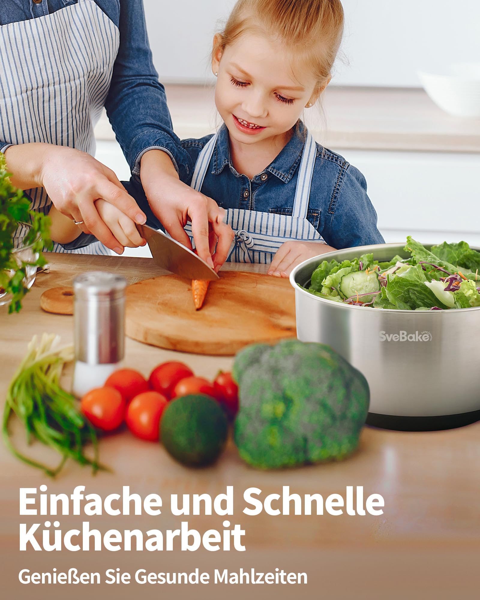 SveBake 5L Salatschleuder Edelstahl mit Stopptaste, BPA-Freie Gemüse Salatschleudern, Transparenter Deckel und Abflussloch, rutschfeste Unterseite, Spülmaschinenfeste Salad Spinner