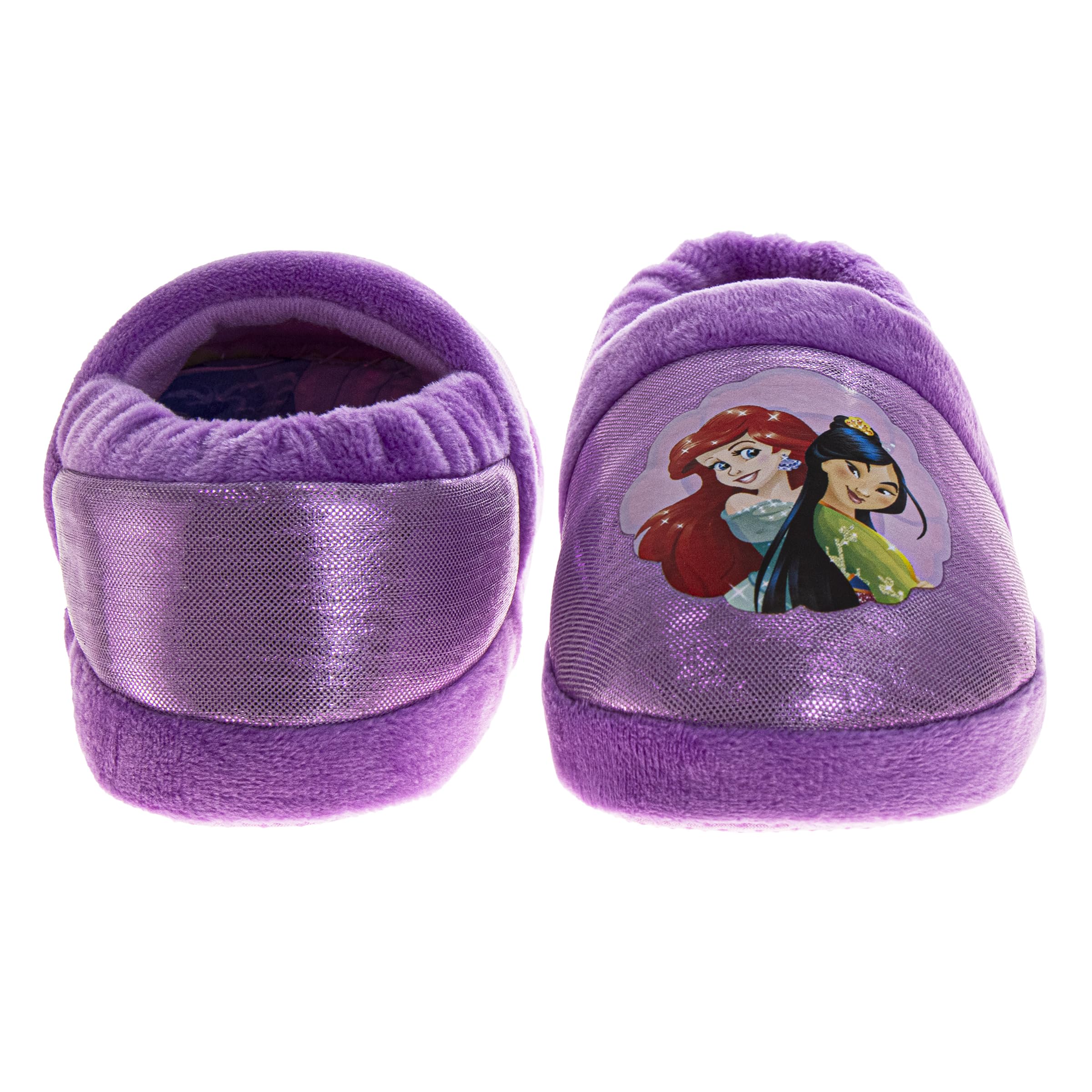 Disney Pantuflas de princesa para niñas, pantuflas mullidas y esponjosas con diseño de sirenita de La Bella y la Bestia (talla 5 – 10 bebés/11-12 niño pequeño)