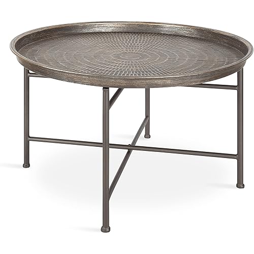 Kate and Laurel Mahdavi Boho-Chic Hammered Metal Tray Coffee Table, Brushed Silver