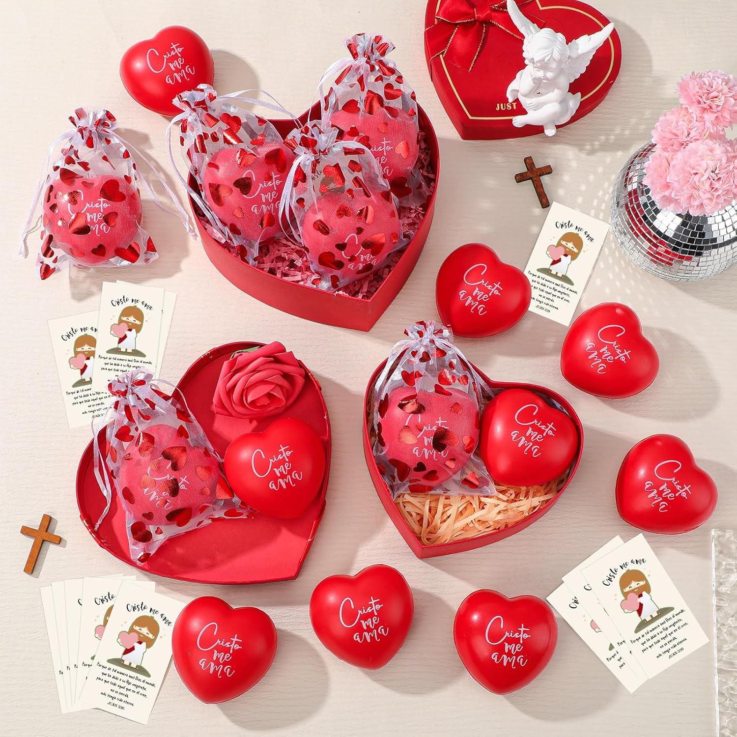 Meooeck 20 Sets Jesus Easter for Kids Christian Easter Gifts Bulk 2.7'' Spanish Heart Jesus Love You Stress Balls Red Cristo Me AMA Stress Ball Religious Card for Sunday School Church Prayer