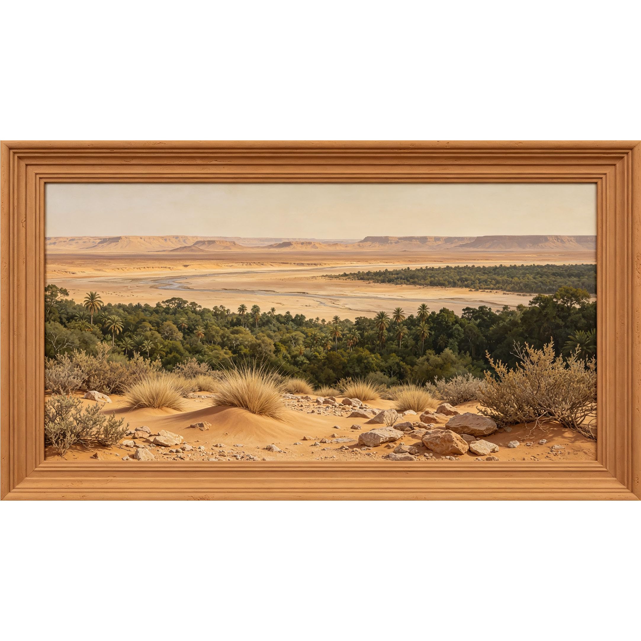 QZLITHOTIC 50x90cm3D Framed Wall Art， Desert Oasis Landscape with Palm Trees and Sand Dunes SelfAdhesive Mural， WaterActivated Peel & Stick Fabric Decor Wall Decal for Bedroom Living Room