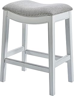 NewRidge Home Goods Zoey 25in. Counter-Height Backless Wood Saddle-Seat Barstool with Nailhead Trim, Alabaster White