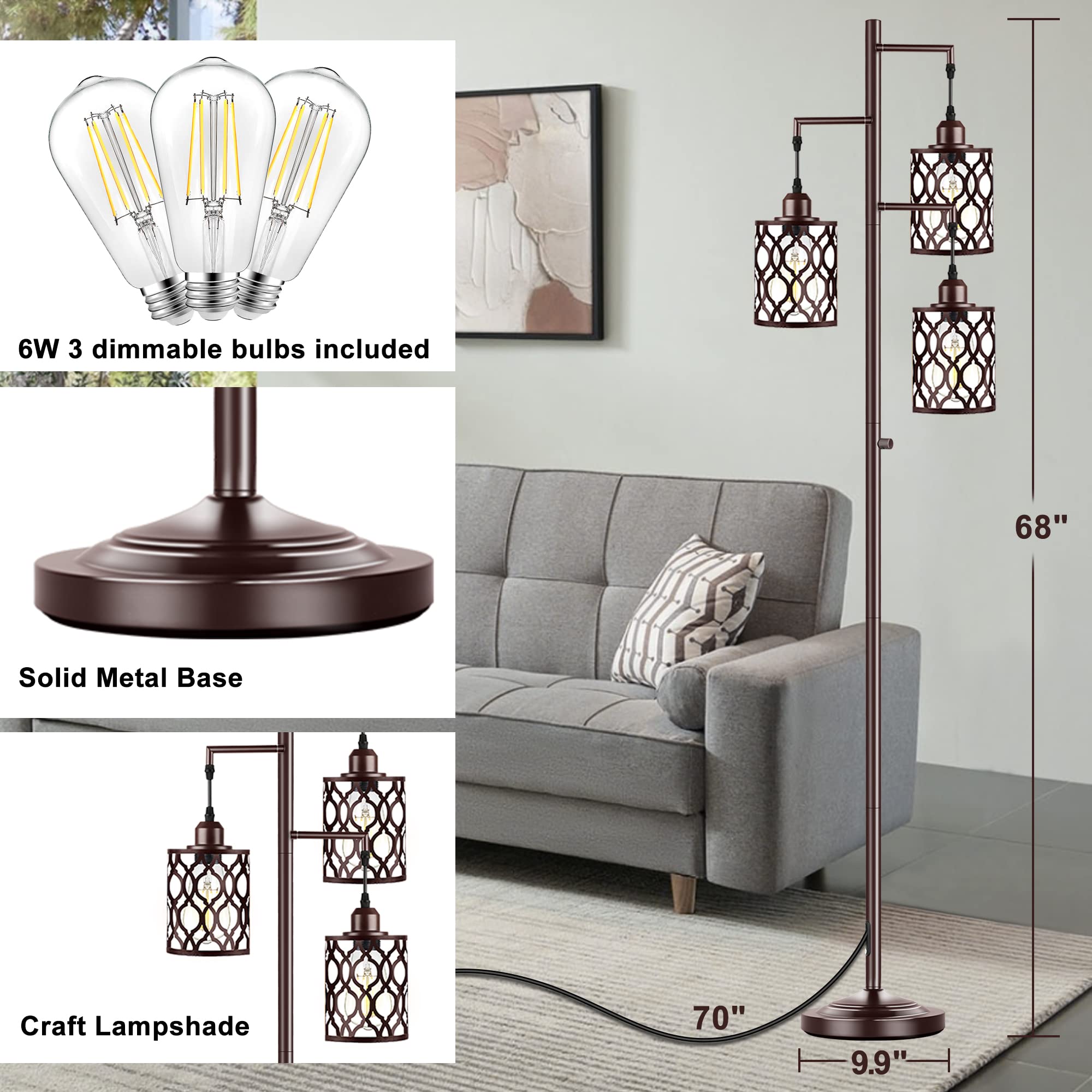 68" Farmhouse floor lamp, Dimmable Industrial Floor Lamps for Living Room, 3 Light Rustic Standing Tall Lamp Including 3 PCS 6W E26 Bulbs, Tree Floor Lamp for Bedrooms Room, Office, Bar, Brown
