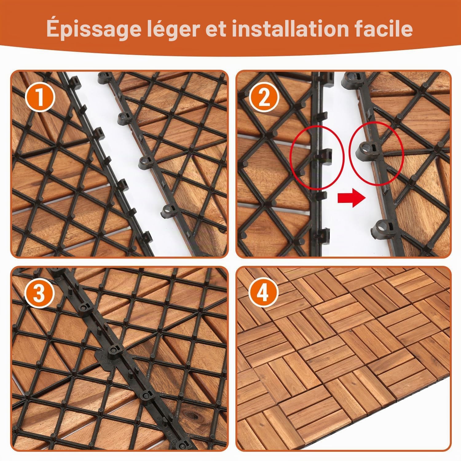 Lot de 11 dalles en bois d'acacia pour balcon et terrasse - 30 x 30 cm - Avec système de drainage - 12 lattes (1 m²) - Revêtement de sol extérieur résistant aux intempéries - Facile à poser