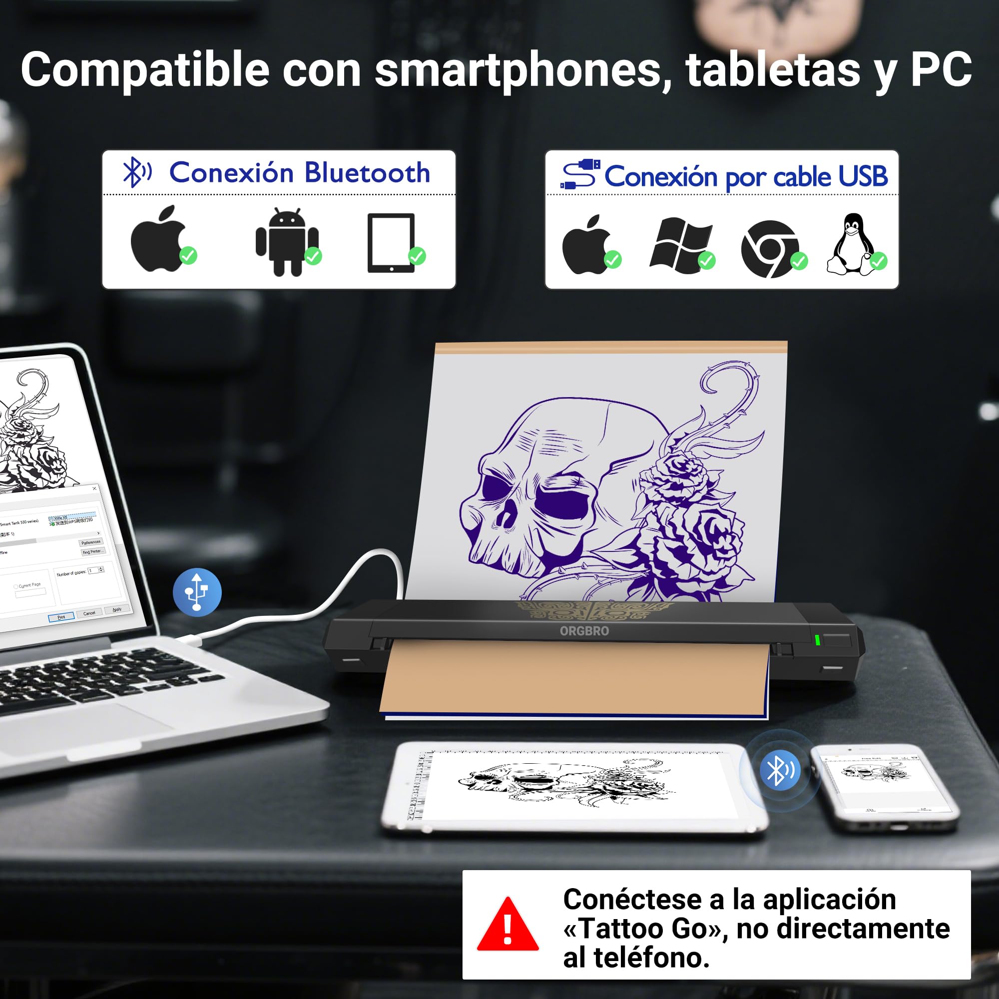 ORGBRO X8 Termocopiadora Tattoo, Impresora Térmica Tattoo Bluetooth con 30 Hojas de Papel de Transferencia, Maquina de Tatuar para Principiantes y Artistas del Tatuaje, Compatible con TeléFonos/Pc