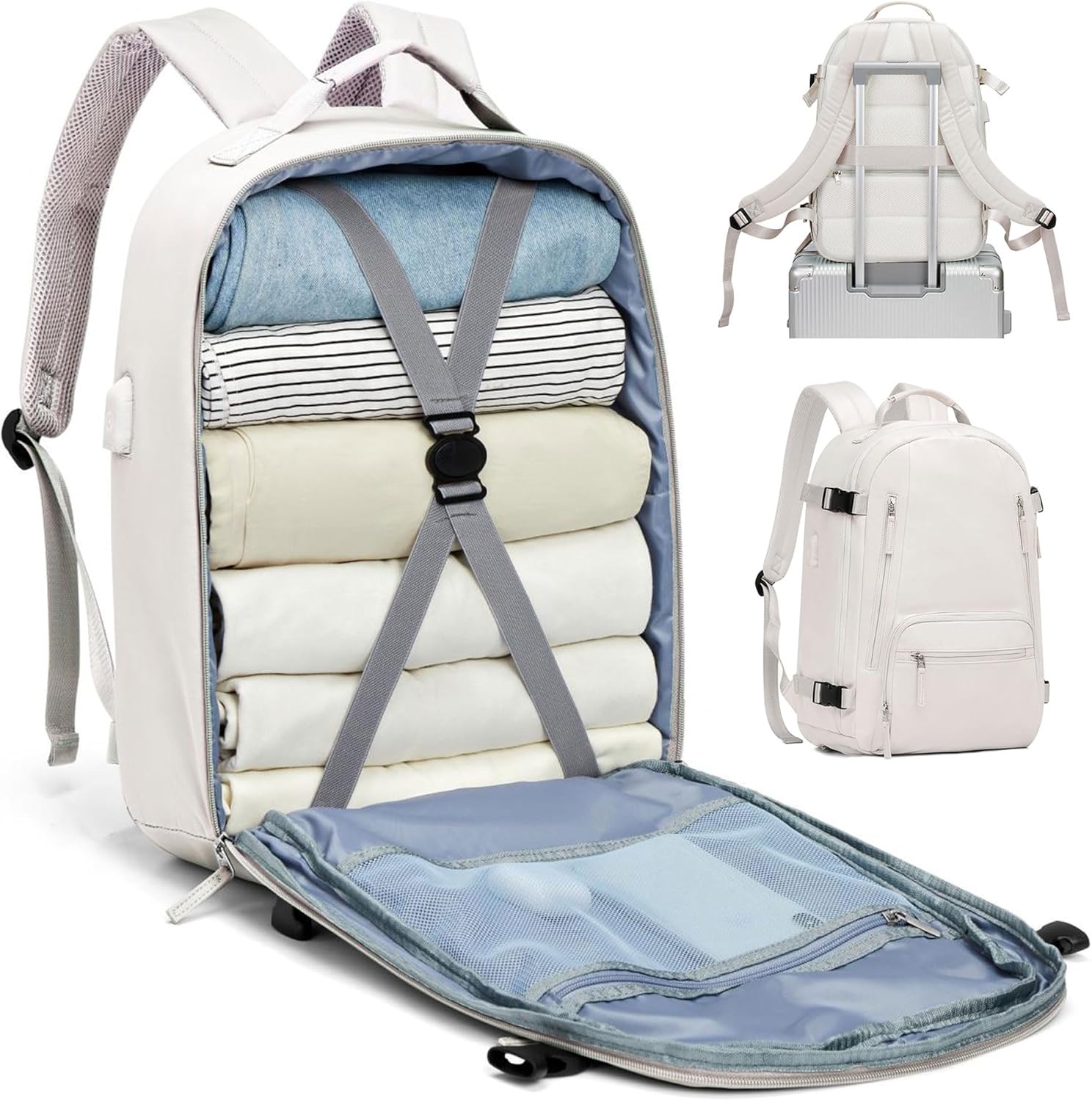 BJLFS Travel Backpack for Women Men, Carry on Backpack Flight Approved Item Bag,Casual Daypacks Cabin Bagage,Hiking Backpack Lightweight Rucksack, Business Laptop Backpack with USB Charger White