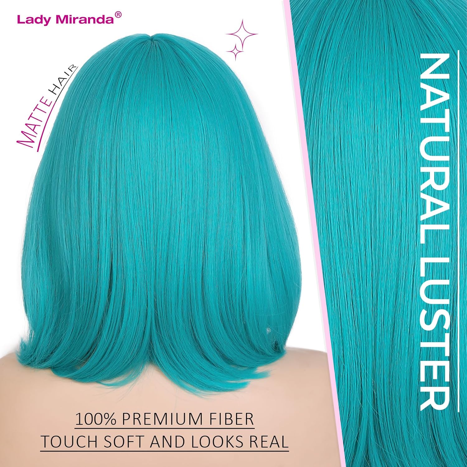 Lady Miranda Teal Wig Short Bob Wig with Bangs for Women Heat Resistant Synthetic Turquoise Wig 12 Inch Bluish Green Bob Wig Natural Straight Hair for Daily or Cosplay Use
