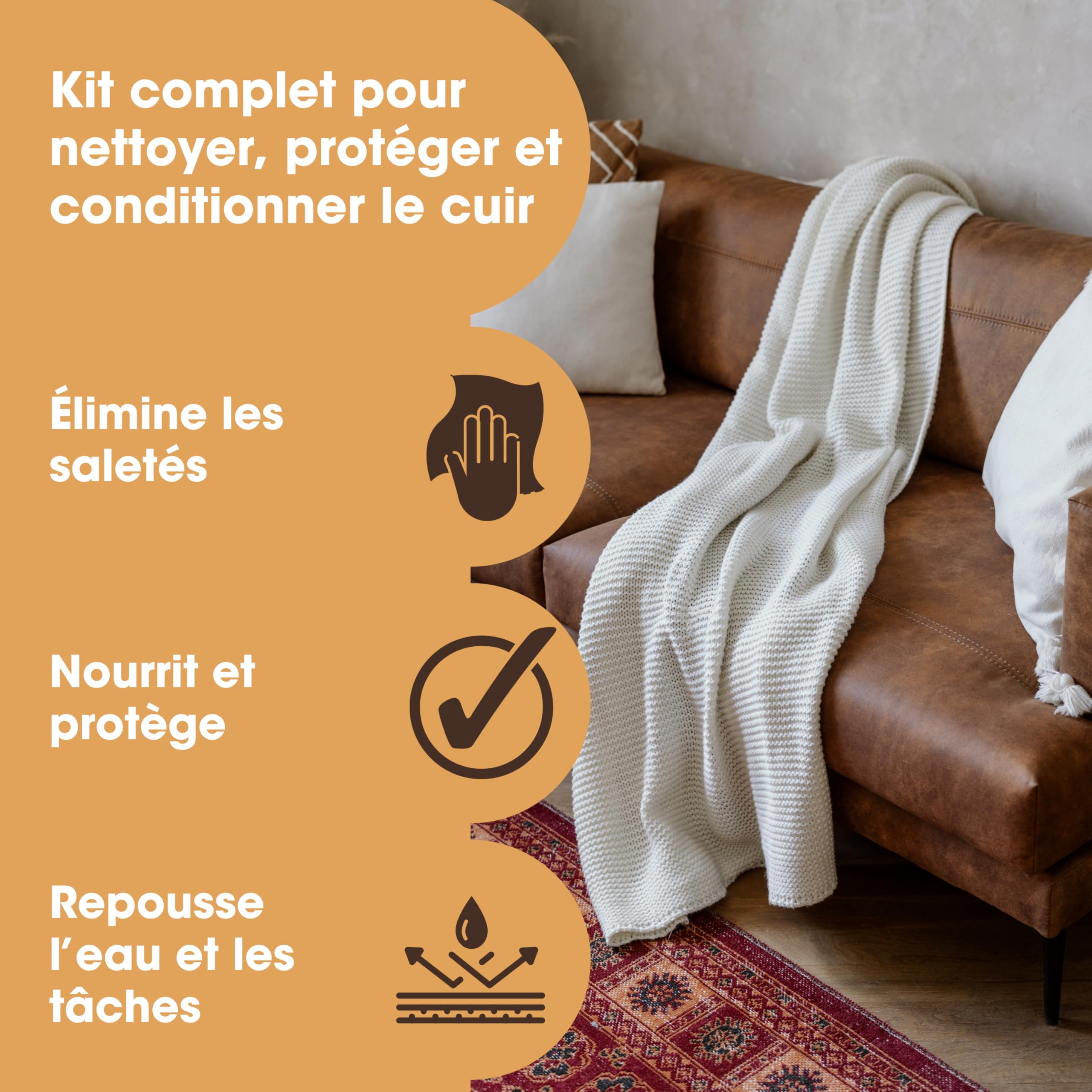 Furniture Clinic Kit d’Entretien Complet du Cuir Nettoyant Cuir & Crème Protectrice Cuir pour Canapés, Sièges de Voiture | Nettoyant Cuir Ultra 500 ML & Conditionneur Cuir 500 ML, Éponges