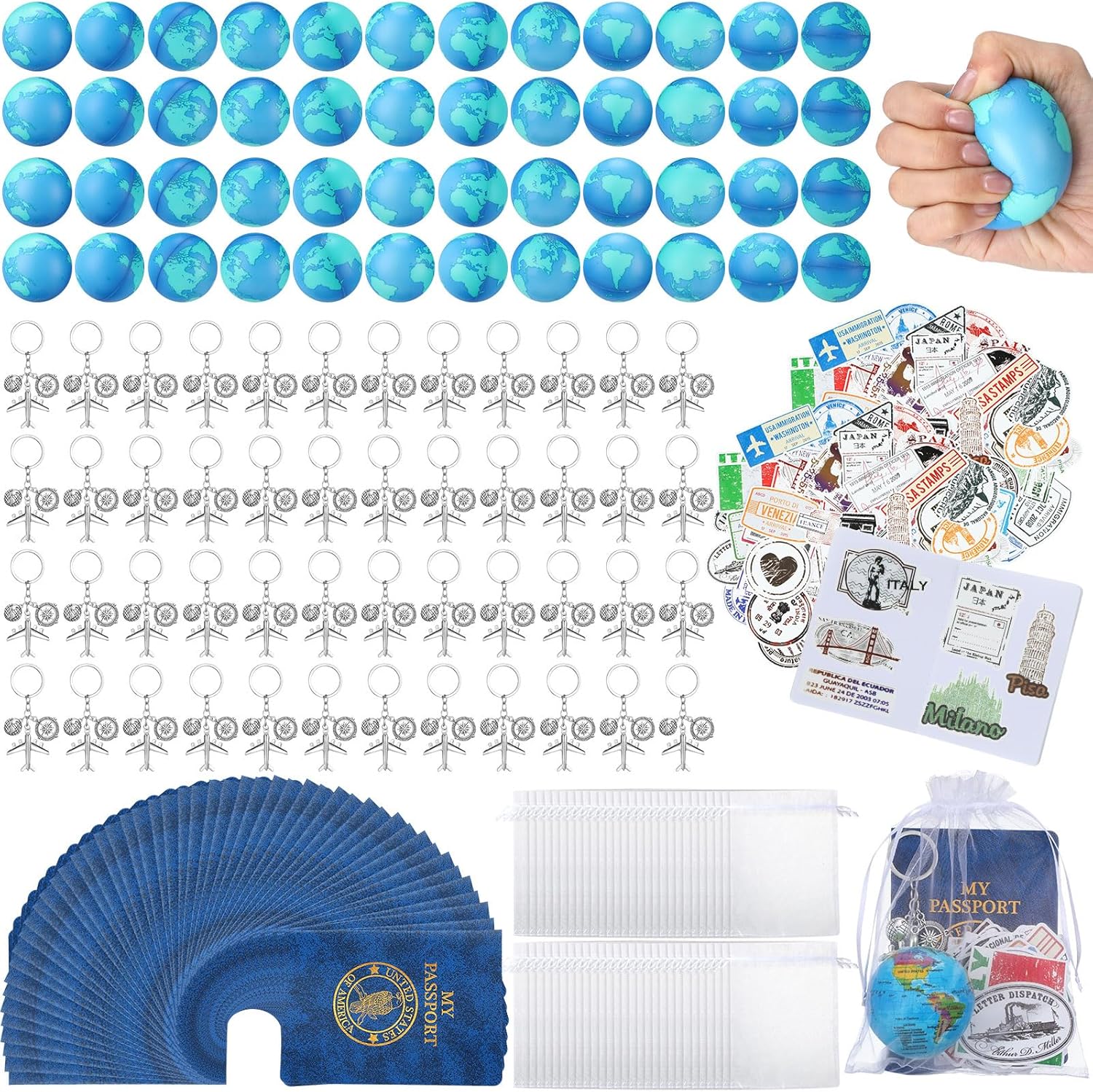 Maitys 440 Pcs Travel Party Earth Stress Balls, Airplane Keychain, Passport Book with Assorted Travel Stickers for Scrapbooks, Organza Bags for Adults Adventure Theme Party Supplies
