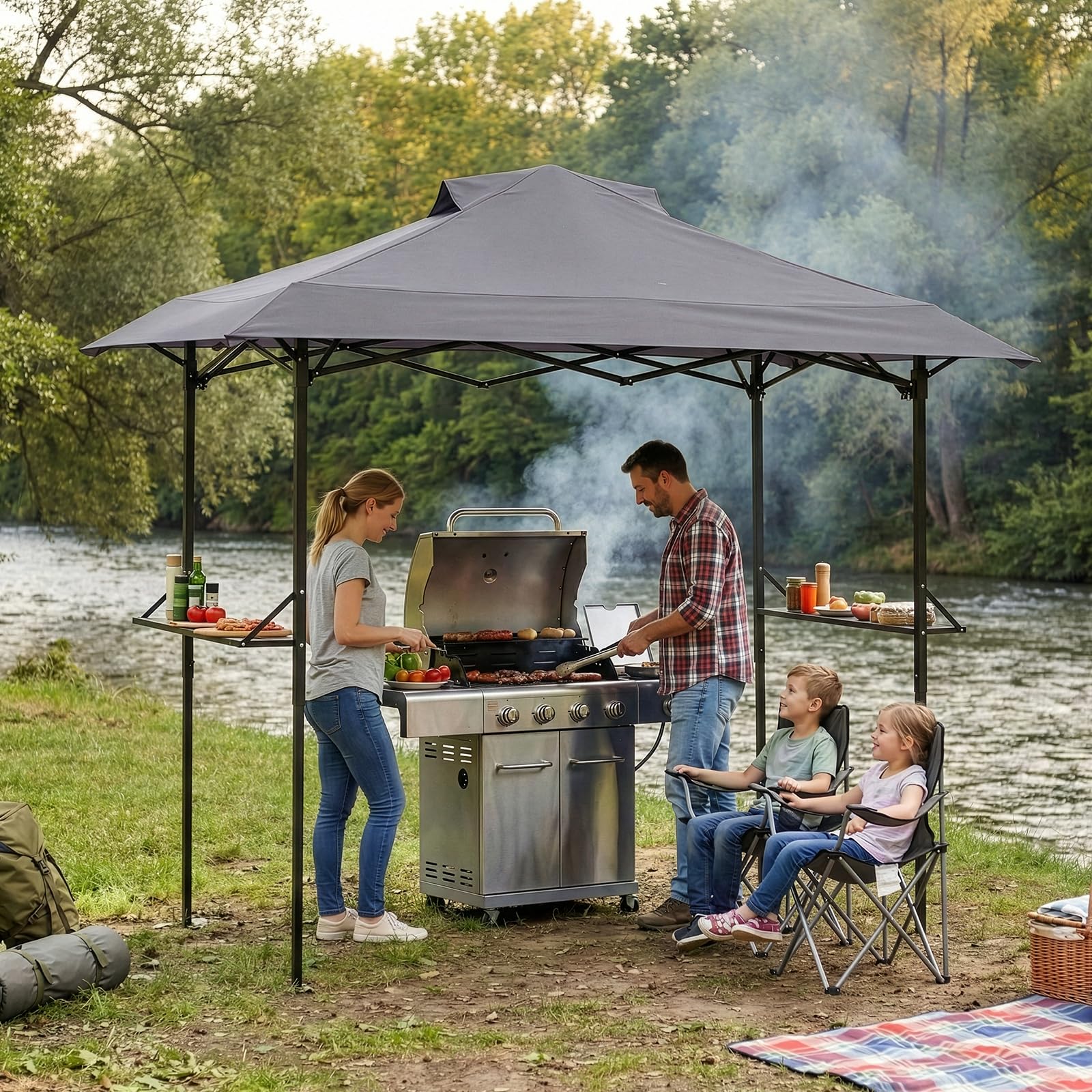 LEADZM Cenador plegable para barbacoa, 255 x 150 x 240 cm, marco de metal resistente, con ventilación, resistente a la intemperie, impermeable, protección solar, resistente al viento, para jardín