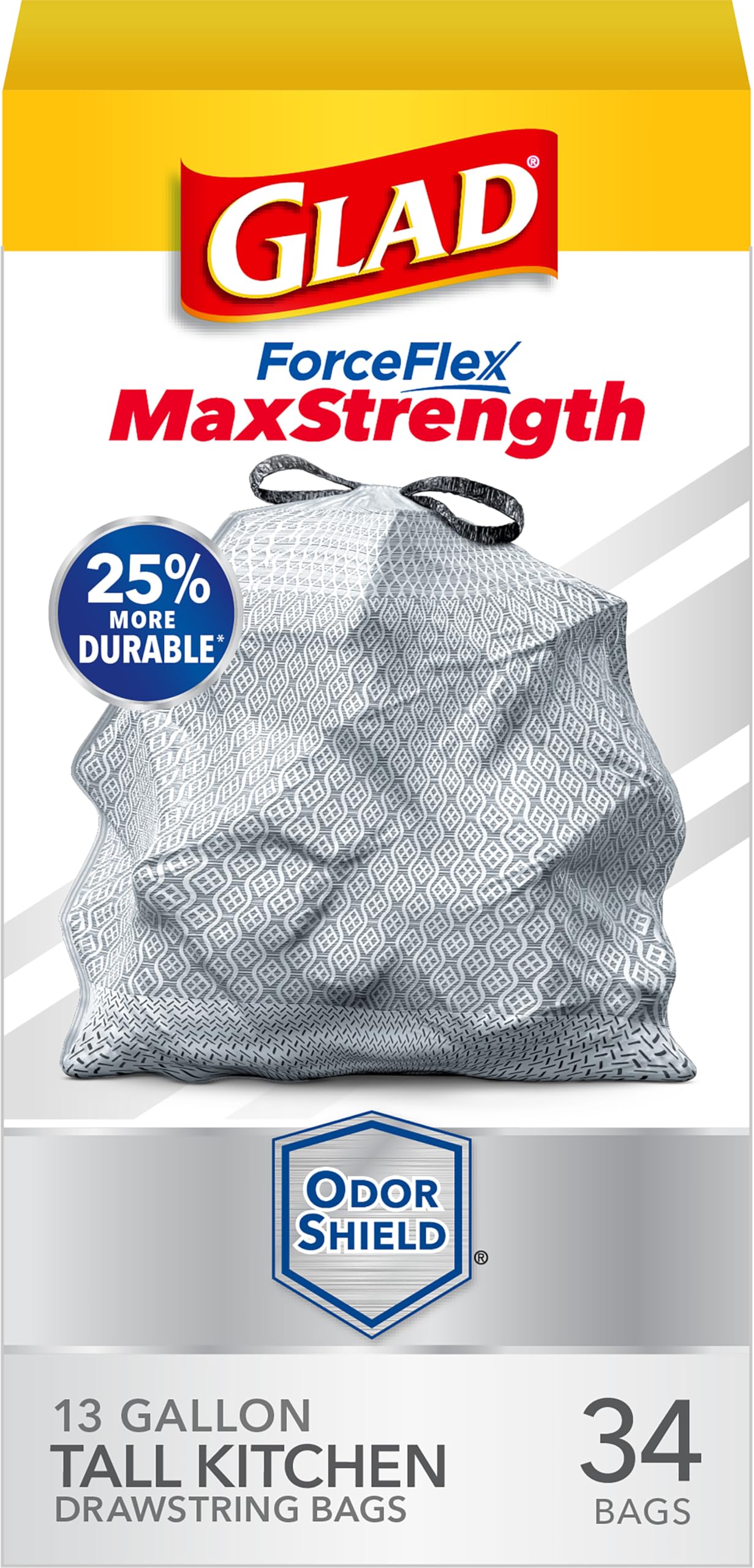 Glad Gray Forceflex Maxstrength Tall Kitchen Trash Bags, 13 Gal, Odor Shield, 34 Ct (Package May Vary)
