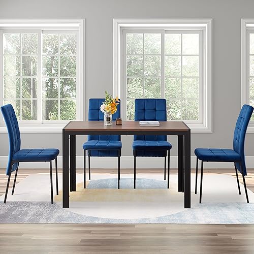 Juego de mesa de comedor de 5 piezas para 4,4 sillas de cocina con cojín de terciopelo azul con respaldo alto con mesa rectangular de madera