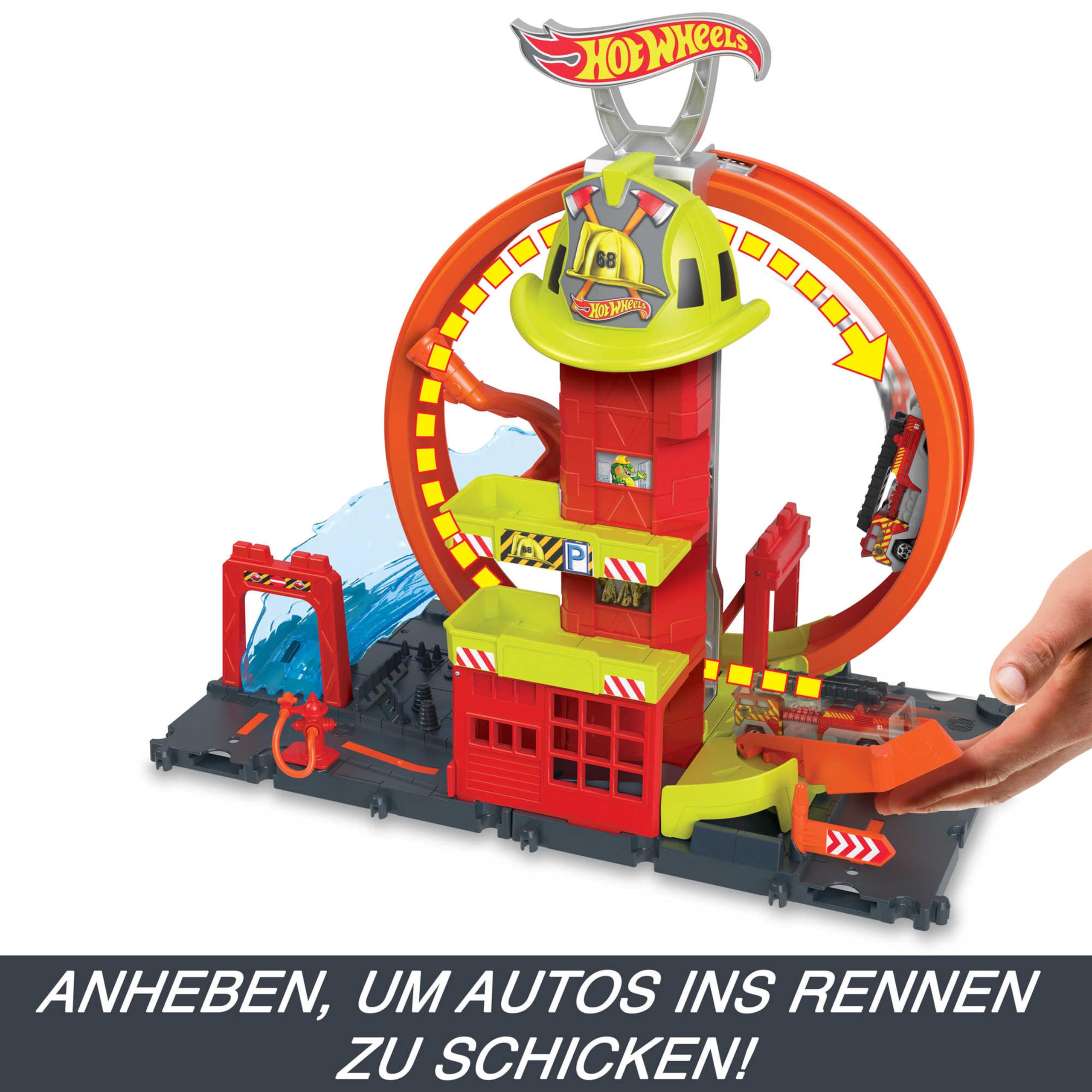 Hot Wheels City Super-Looping Feuerwache - Spielset mit manuellem Aufzug und wasserähnlicher Rampe und Parkplätzen für zusätzliche Autos, für Kinder ab 4 Jahren, HKX41
