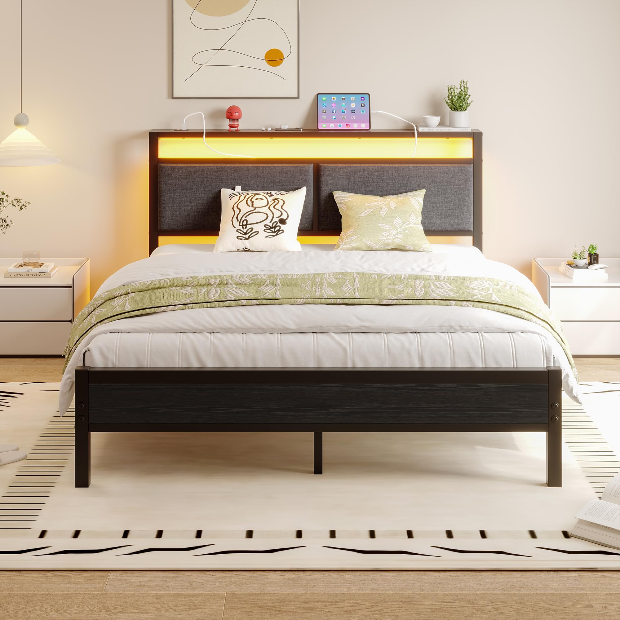 FOUBAM 5 King Bed Frame, 150x200cm Metal Platform Upholstered Bed Frame with Storage Headboard, Heavy Duty Metal Bed Double Size with LED Lights and Charging Station,Mattress Foundation (Black)