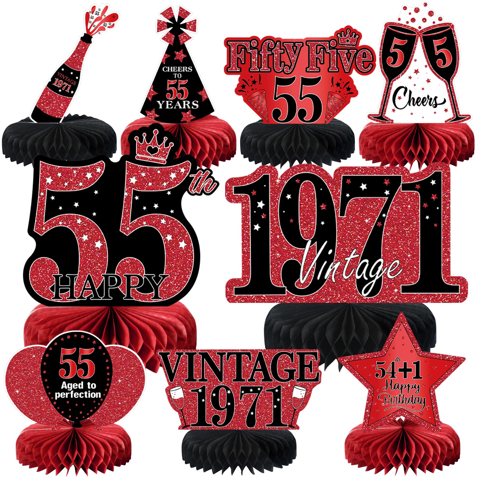 9Pcs 55th Birthday Decorations Red and Black 55th Birthday Party Decorations for Women,Happy 55 Years Vintage 1971 Aged Honeycomb Centerpieces Table Sign Decor Supplies