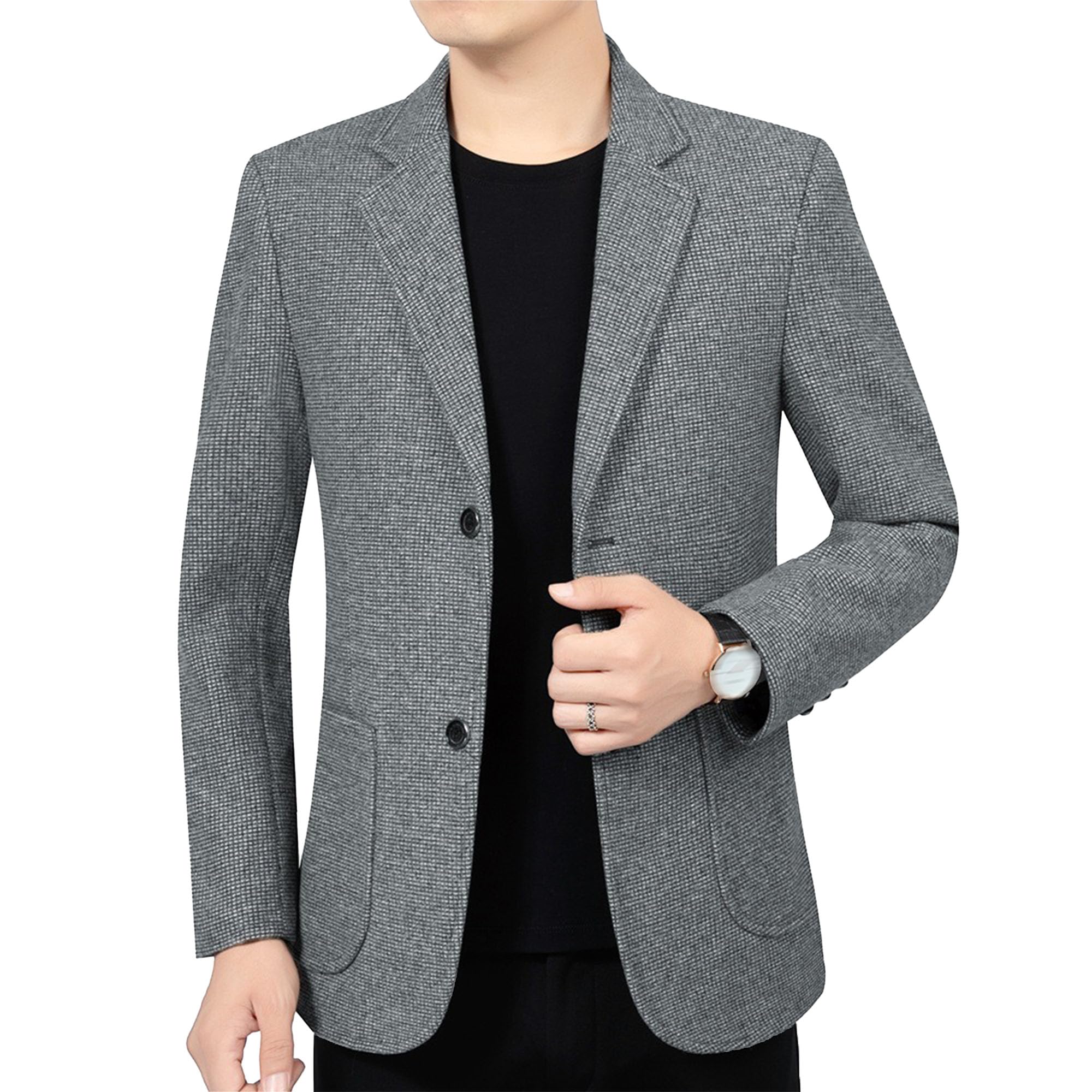 Men Casual Wool Blend Suit Blazer Herringbone Tweed Two Button Business Jacket Lightweight Wedding Sport Coat (Grey,4X-Large)