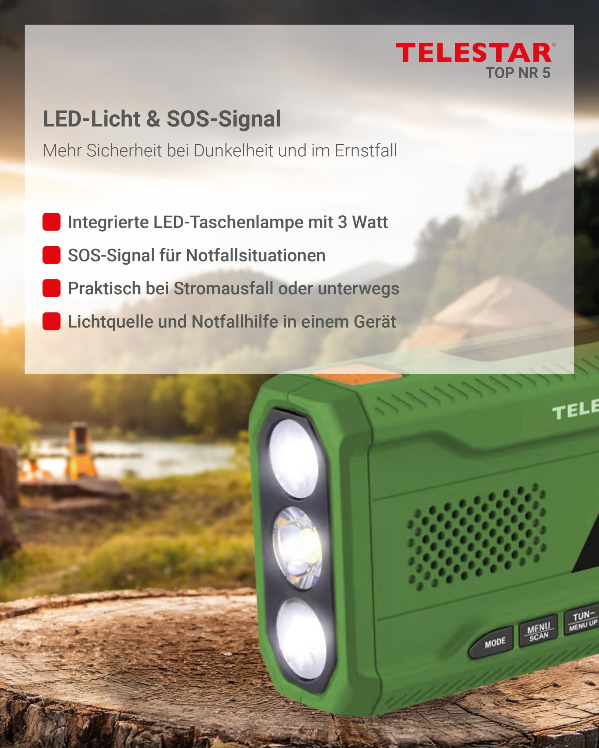 TELESTAR TOP NR 5 – Notfallradio mit 4000 mAh Akku – Grün | Kompaktes Kurbelradio, Solarpanel, Powerbankfunktion, Taschenlampe, SOS Funktion