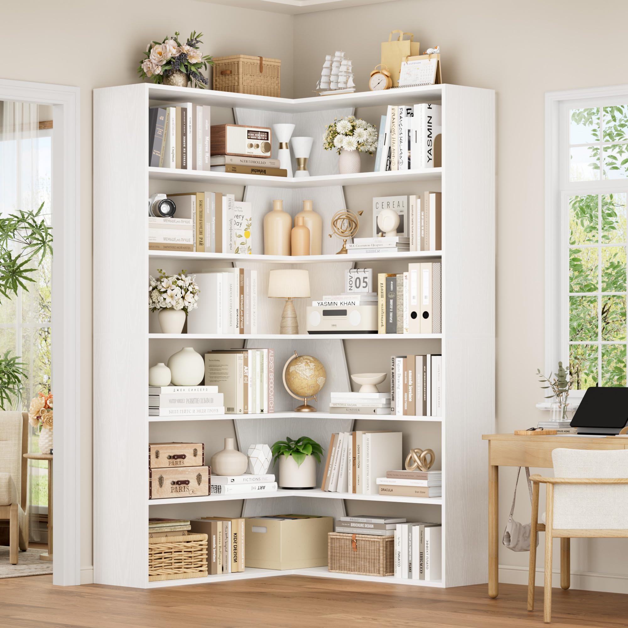 FirFurd 190.5cm Estantería Esquina 6 Niveles, Estantería Libros, Librería Salón, Estanterías Almacenaje Madera, Libreria Estanteria, con 12 Compartimentos, para Salón, Oficina, Estudio (Blanco)