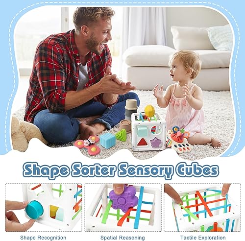 Miniatura 3 de Juguetes para bebés 6 en 1 de 6 a 12 meses, juguetes Montessori para bebés, incluye juguete de cuerda de tirar, tazas apilables, caja de pañuelos,