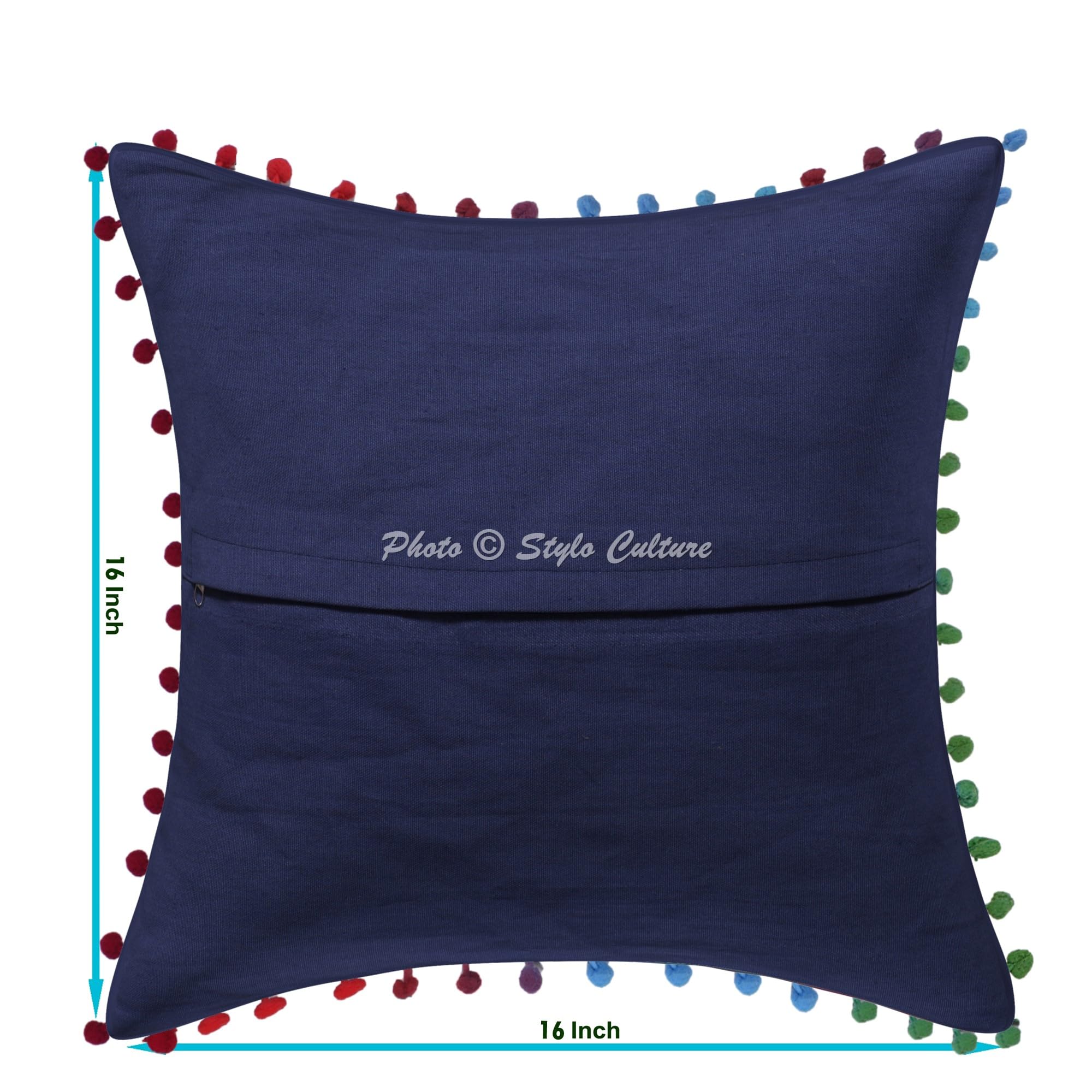 Indische Dekorativ Baumwolle Sofa Kissenbezüge 40x40 cm Grau Dekokissen Suzani Bestickte Pom-Pom-Spitze Wohnzimmer Couch Kissenhullen Blumen Quadrat Reißverschluss Kissen Bezüge - 4 Stk.