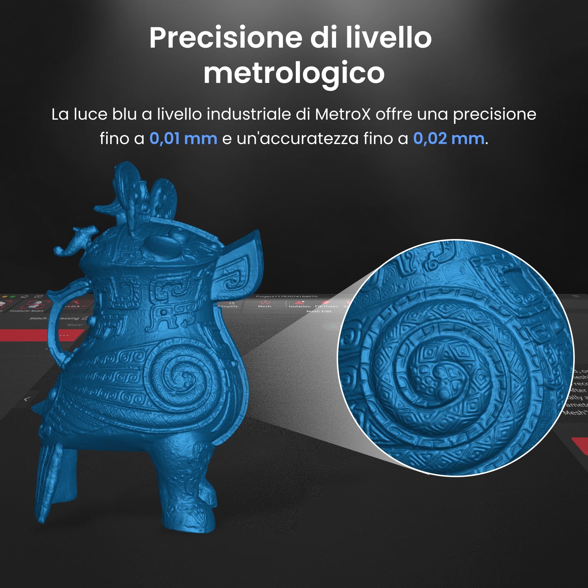 Revopoint MetroX Scanner 3D per Stampa 3D, Precisione fino a 0,01 mm, Accuratezza Metrologica, Fino a 60 fps, Laser Blu, 4 Modalità di Scansione, Scansione di Oggetti Metallici/Scuri, Avanzato
