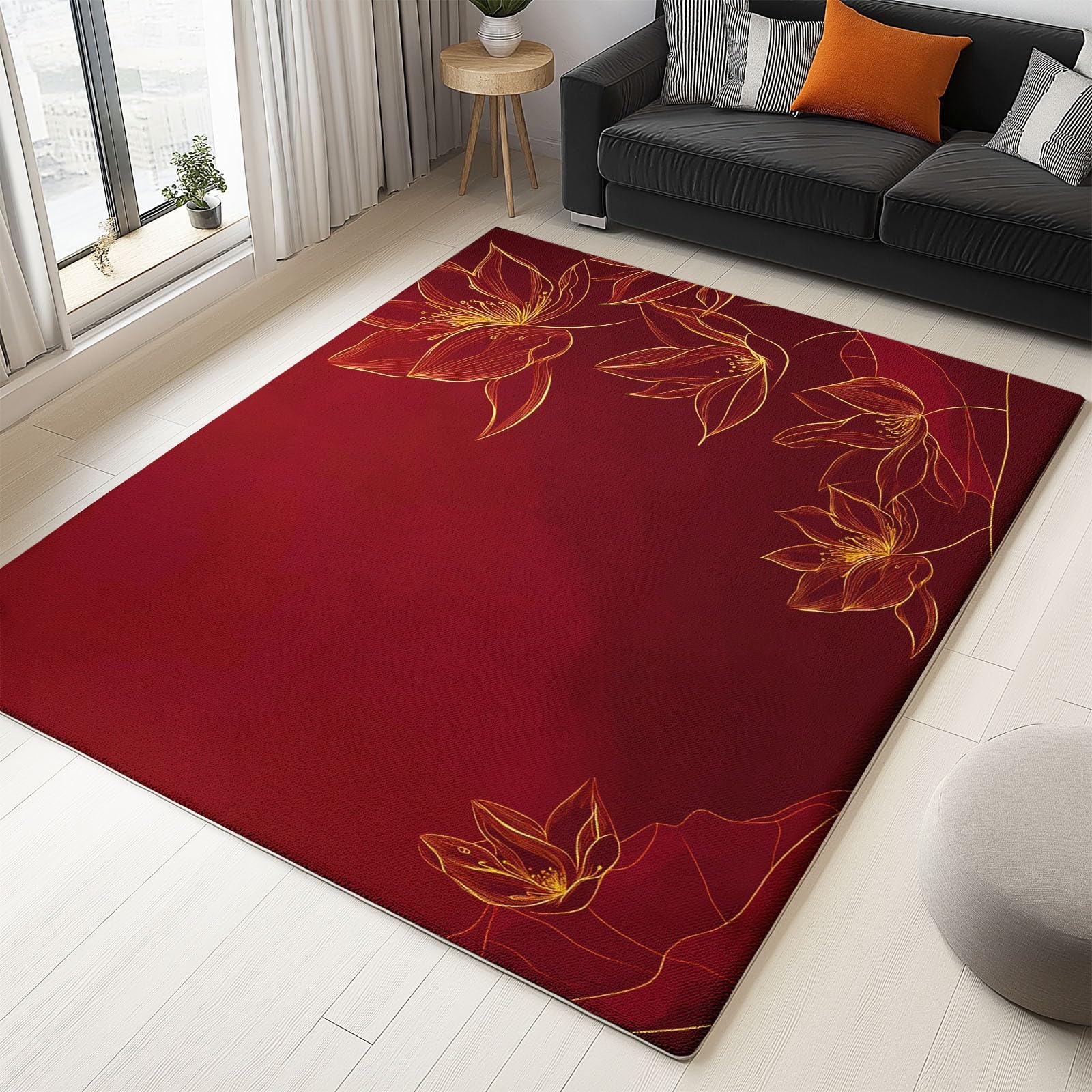 Generisch Kinderteppich Rot Osten Blumen Lotus Linien 80 x 150 cm - rutschfeste Spielmatte Krabbeldecke Teppich Pflegeleicht Waschbar, Weicher Kurzflor für Schlafzimmer & Home Office