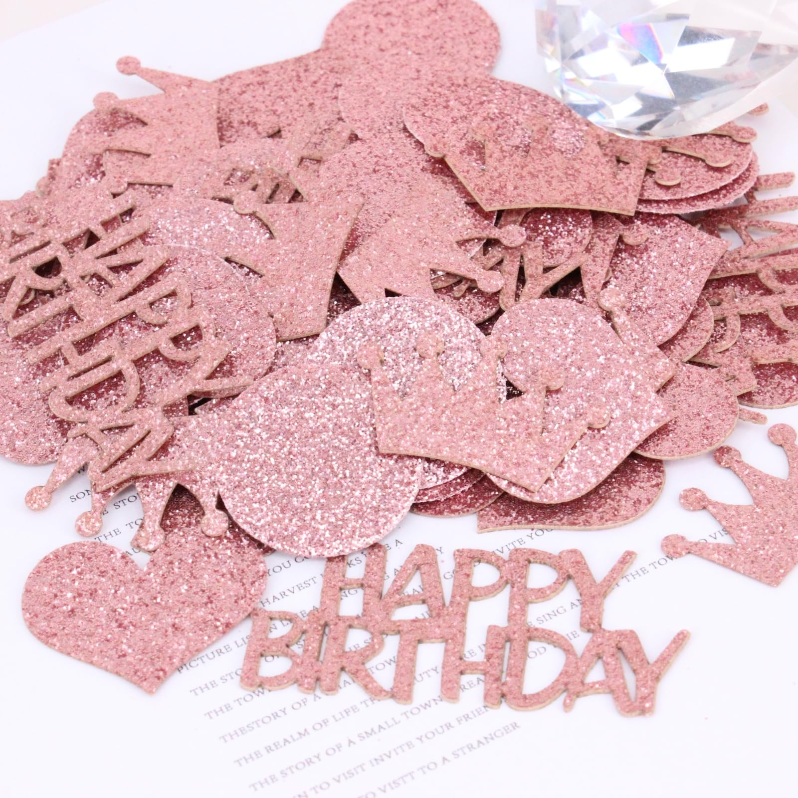 Rose Gold Happy Birthday Confetti for Tables, 200 PCS Glitter Heart Crown Table Scatter for Birthday Party Decorations