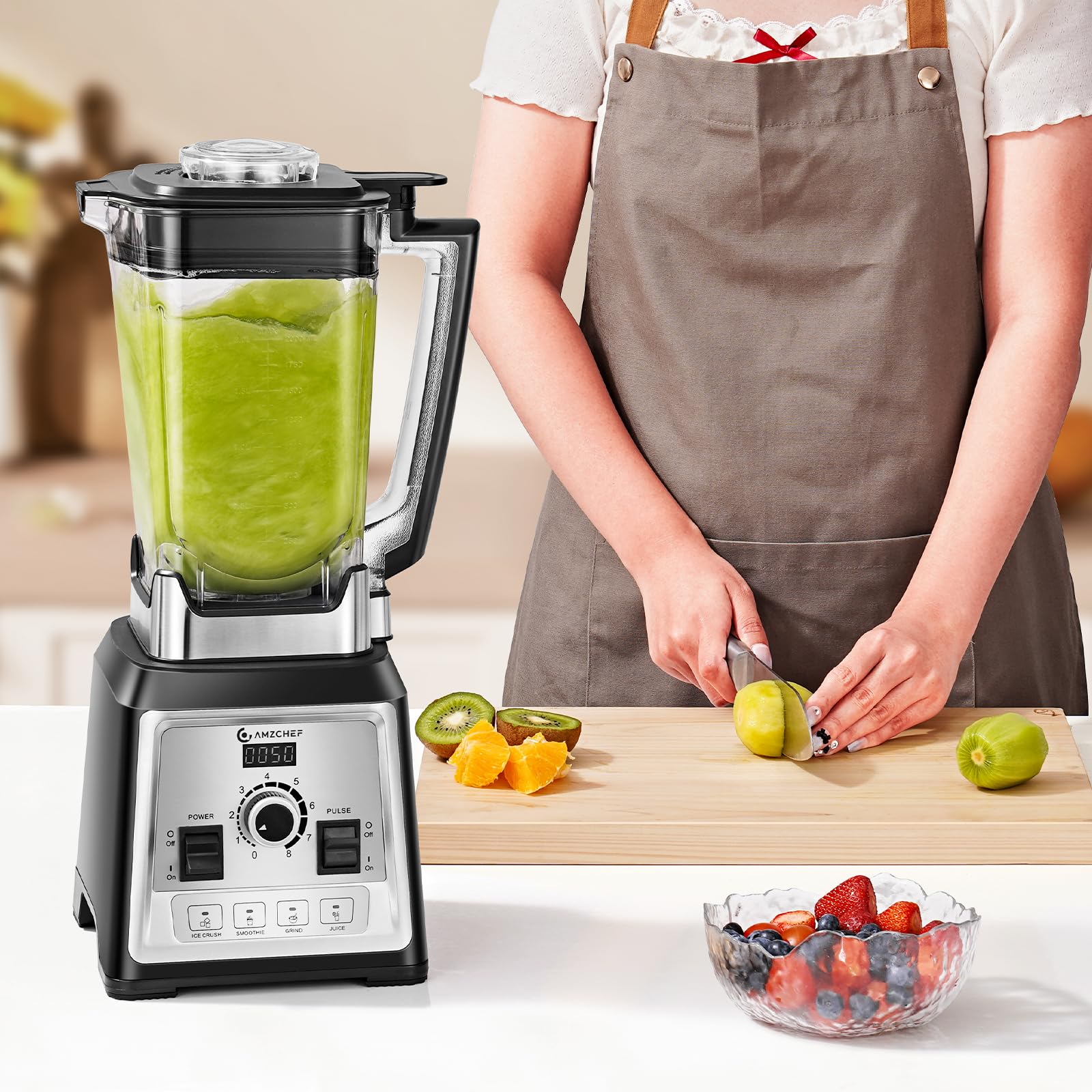 AMZCHEF Blender Professionnel 2000W, Mixeur Puissant 2L, 8 Vitesses & 4 Programmes, Blender Smoothie et Glace Pilée, 25000 Tr/min, 8 Lames Inox, Sans BPA pour Fruits Congelés et Cuisine