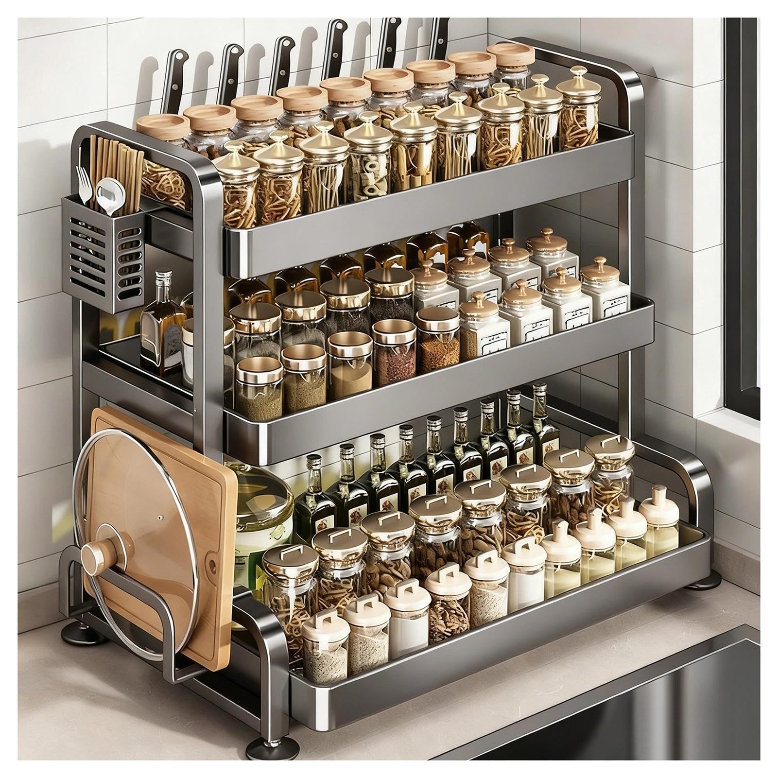 HADECOLL Spice Rack Organizer With Hooks And Utensil Holders,Countertop Stand For Kitchen, Office, Living Room,3 Tier-17.7in