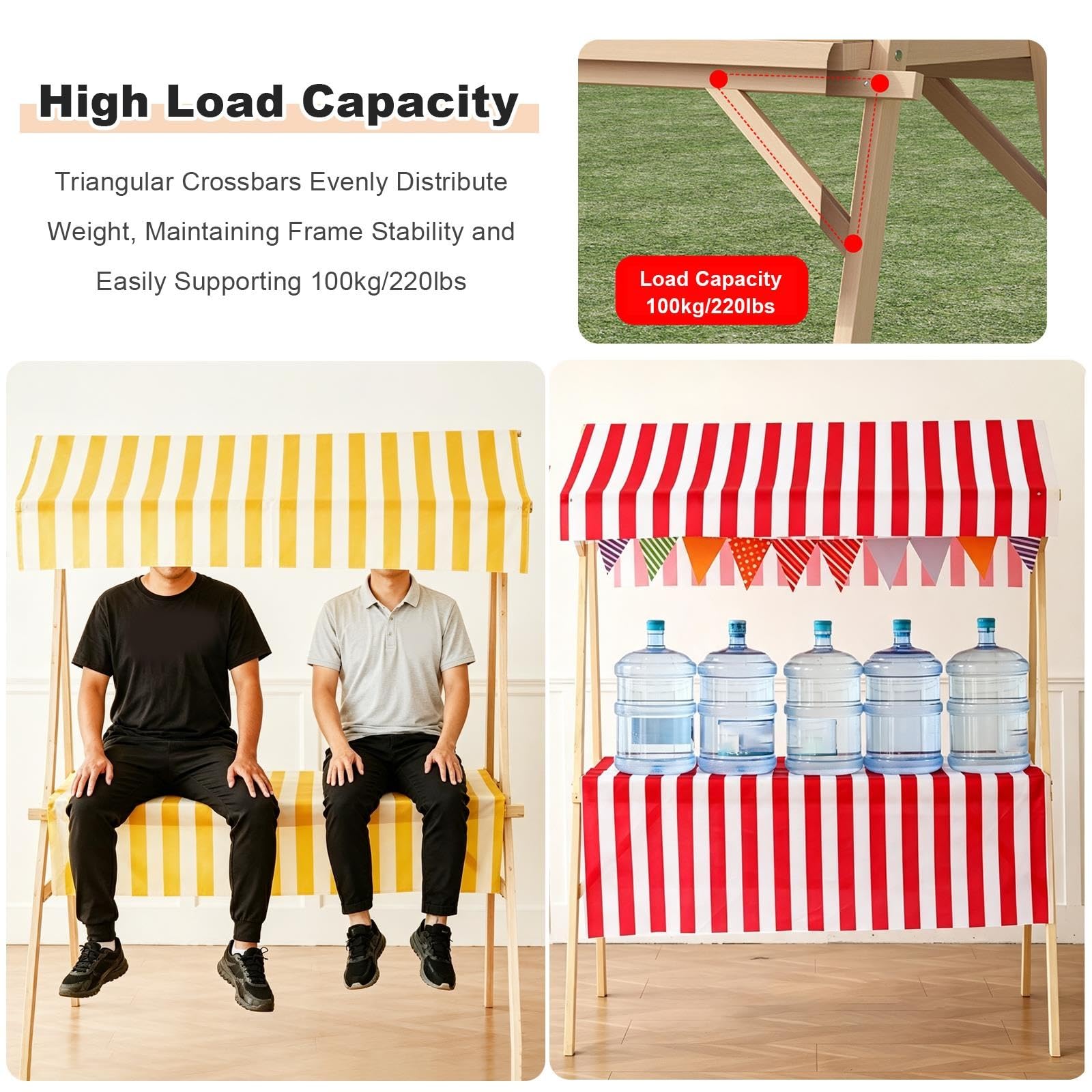 Carrello Mercato Pieghevole in Legno con Ruote | Tavolo Espositore Pieghevole per Mercatino con Tettuccio, Stand Portatile per Fiere ed Eventi Esterni(Yellow,120cm/47in)