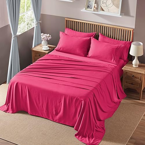 Miniatura 7 de Homiest Juego de sábanas de bolsillo extra profundo, 6 piezas suaves de color rosa intenso de 18 a 24 pulgadas, sábanas de microfibra de lujo de