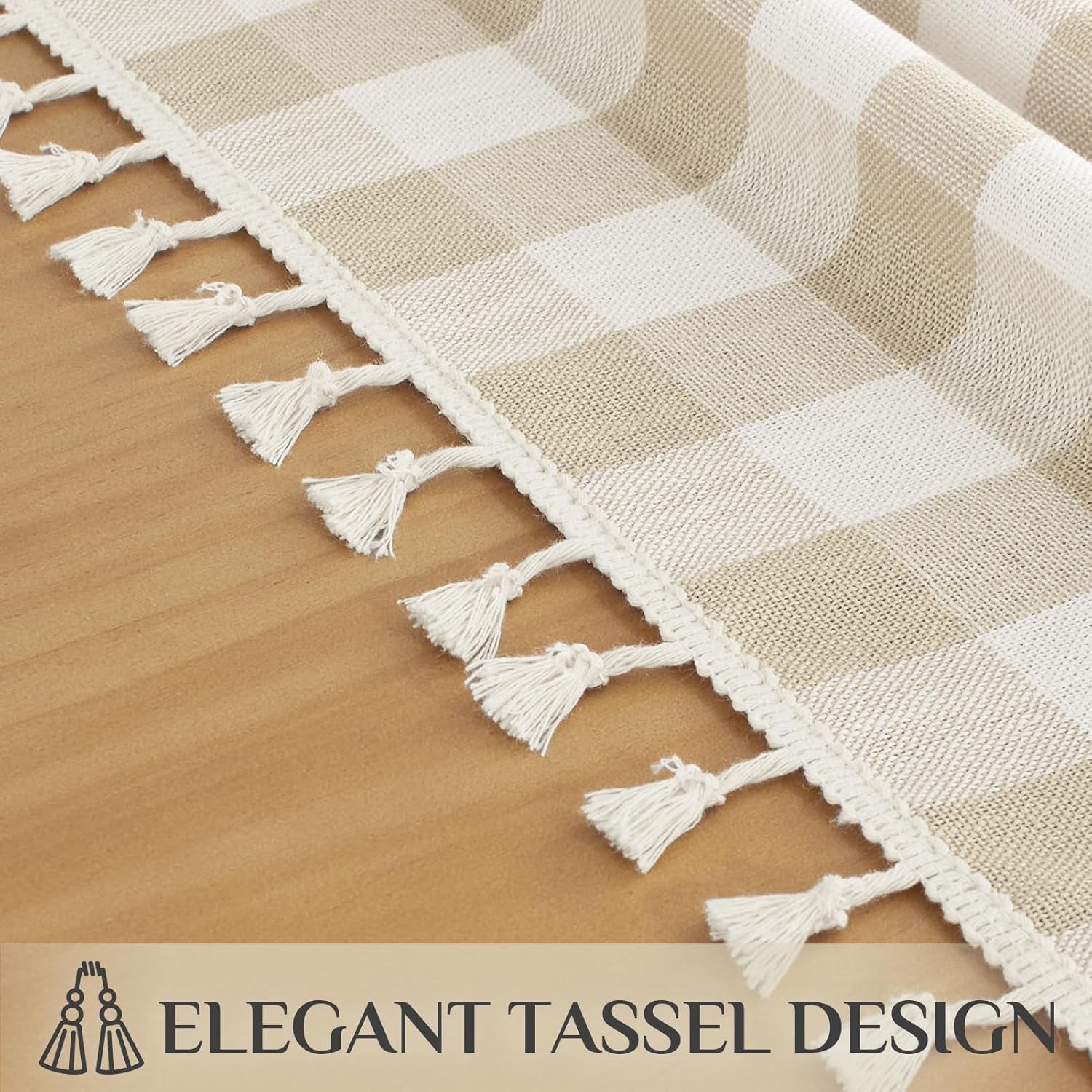 Softalker Checkered Tablecloth Rectangle, Outdoor Linen Cotton Gingham Table Cloth with Tassel, Heavy Duty Wrinkle Free Buffalo Plaid Table Cover for Kitchen Dining Home Party - 55 x 102 Inch, Beige