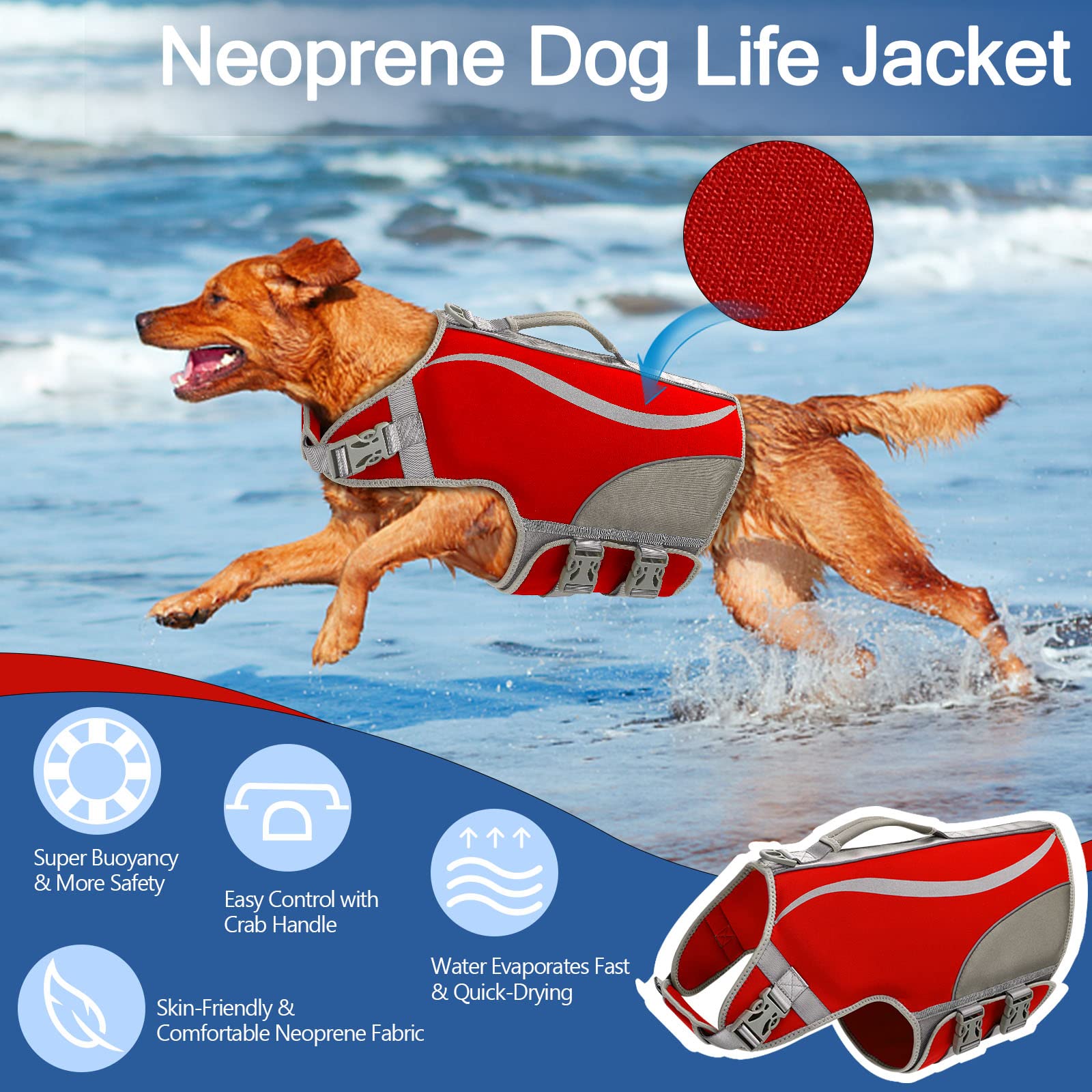 Chaleco Salvavidas para Perros, Chaleco de natación Ajustable para Perros Chaleco de flotación para Mascotas de Alta Visibilidad Chaleco Salvavidas para Perros Natación y canotaje (L, Rojo)