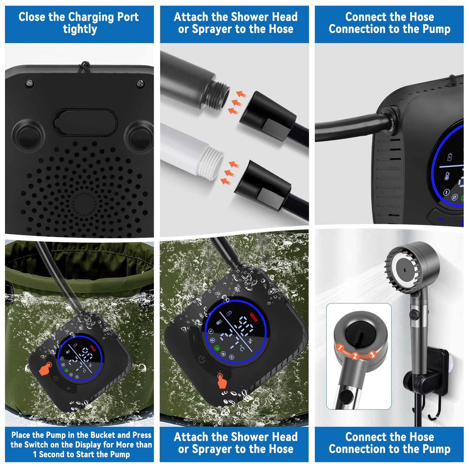 Charmofun Doccia da Campeggio, Doccia Portatile Aggiornata, 8000 mAh Doccia Pompa da Campeggio con Doccia Filtrabile, Display Intelligente a LED, Doccia Esterna per Spiaggia Giardino (8000mAh-B)
