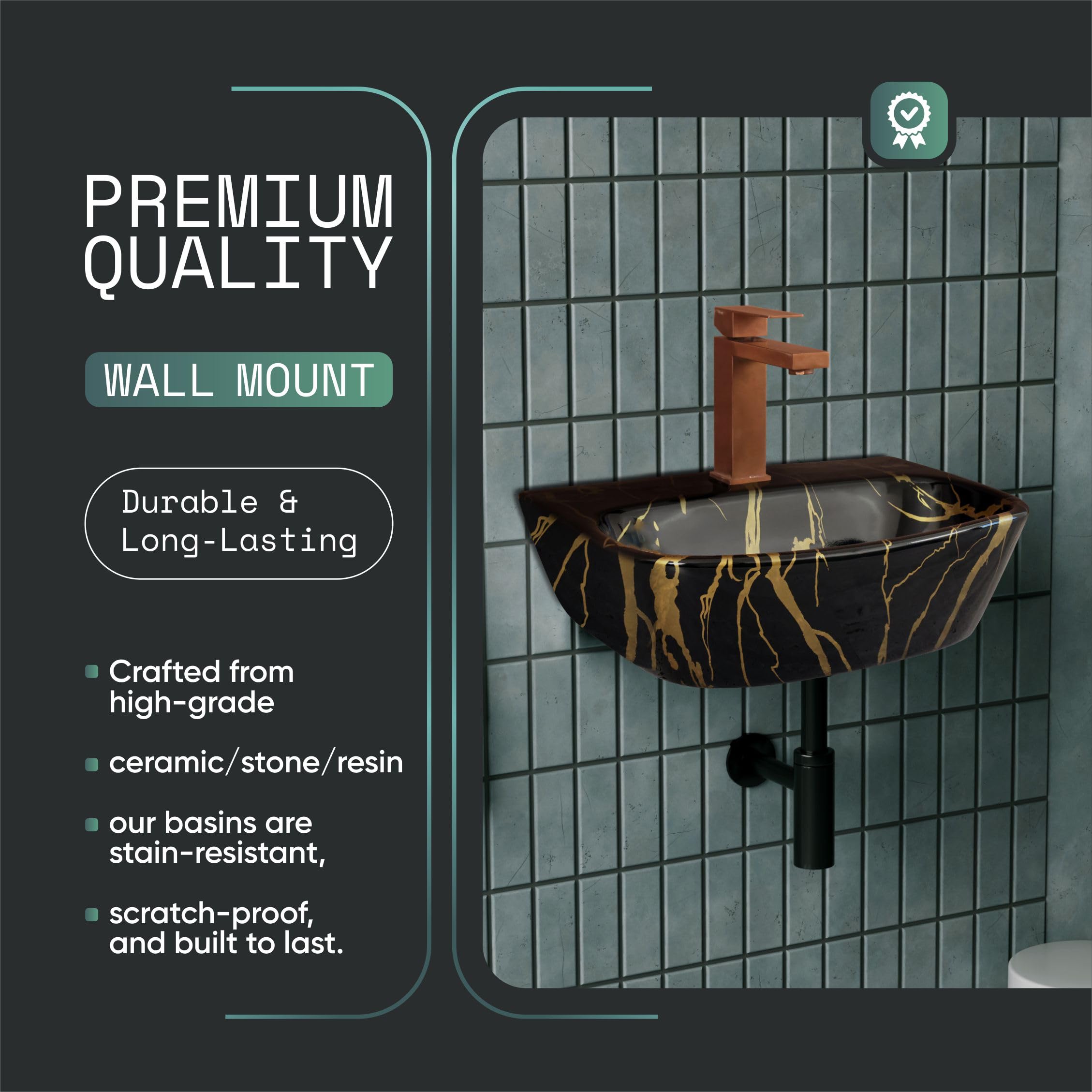 HISRE Wall Mount Wash Basin 17 x 12 x 5 Inch | Black Golden Marble Finish Ceramic Sink | Modern Rectangular Bathroom Basin for Home, Office, and Hotels, photo 5 of 5