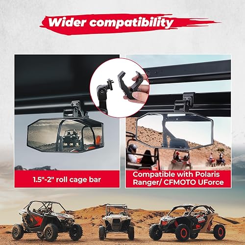 Miniatura 5 de KEMIMOTO Espejo central UTV, abrazadera de aluminio ajustable, espejo retrovisor UTV para jaula de rollo de 1.5 a 2 pulgadas y compatible con