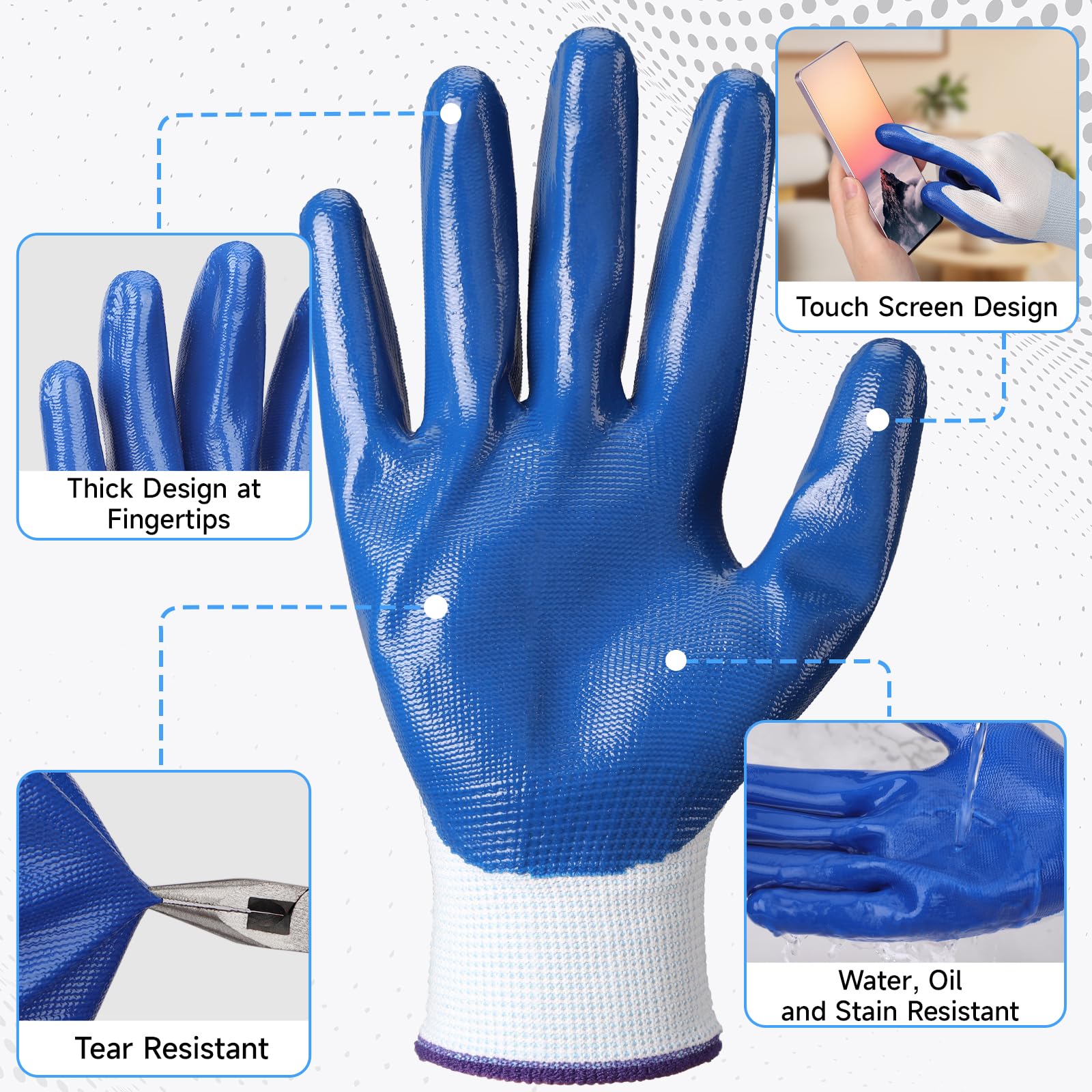 12 pares de guantes de trabajo de nitrilo azul para hombres que trabajan, pesca, jardinería, escalada, guantes de seguridad reutilizables de agarre firme para hombres y mujeres, trabajo de