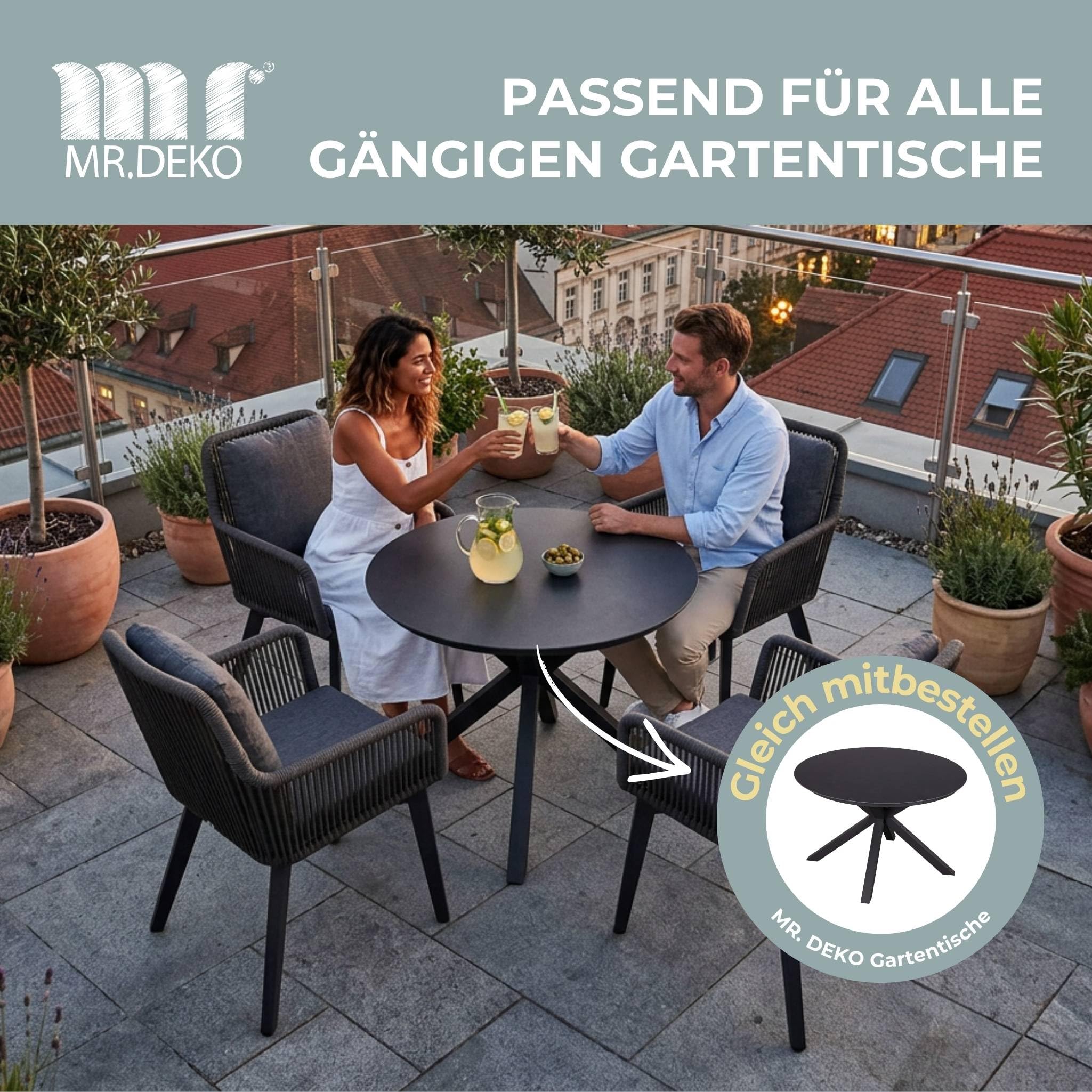 MR. DEKO Gartenstühle Marbella 2er Set Aluminium Rope Gartensessel Balkon