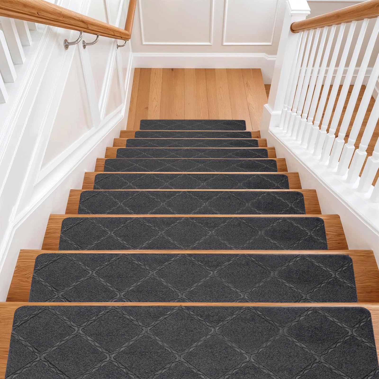 M.J COMFY-LIFE Stair Tread Pads Stair Mats Carpet Non-slip Step Protectors Reusable Stair Runner Rugs Covers Stair Protection Mats for Home Indoor Pets Kids Elders (Grey-Grid style, 15pcs-65x20cm)